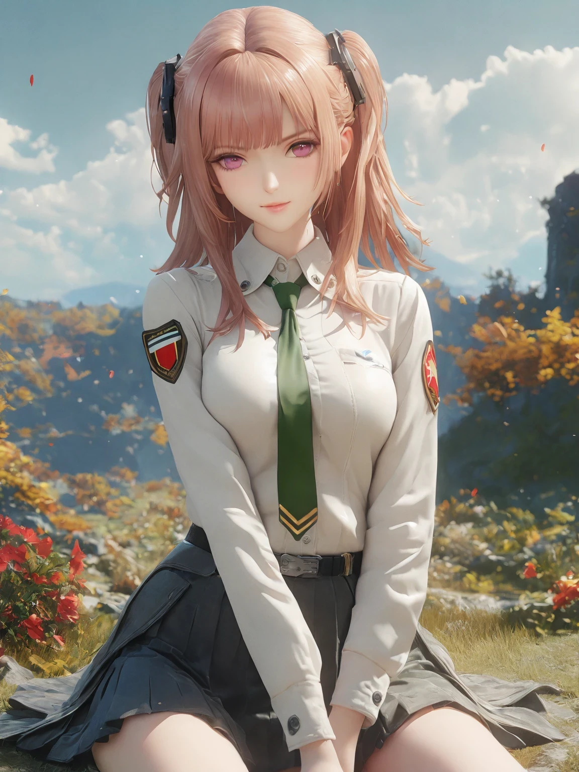 diy2，Highest quality, ultra-high definition, masterpieces, 8k, realistic, anime styled, 3d render，anime girl sitting on the ground in a field with a green tie, anime visual of a cute girl, marin kitagawa fanart, fine details. girls frontline, smooth anime cg art, from girls frontline, beautiful anime high school girl, girls frontline style, girl wearing uniform, girls frontline cg, painted in anime painter studio, makoto shinka, official art
