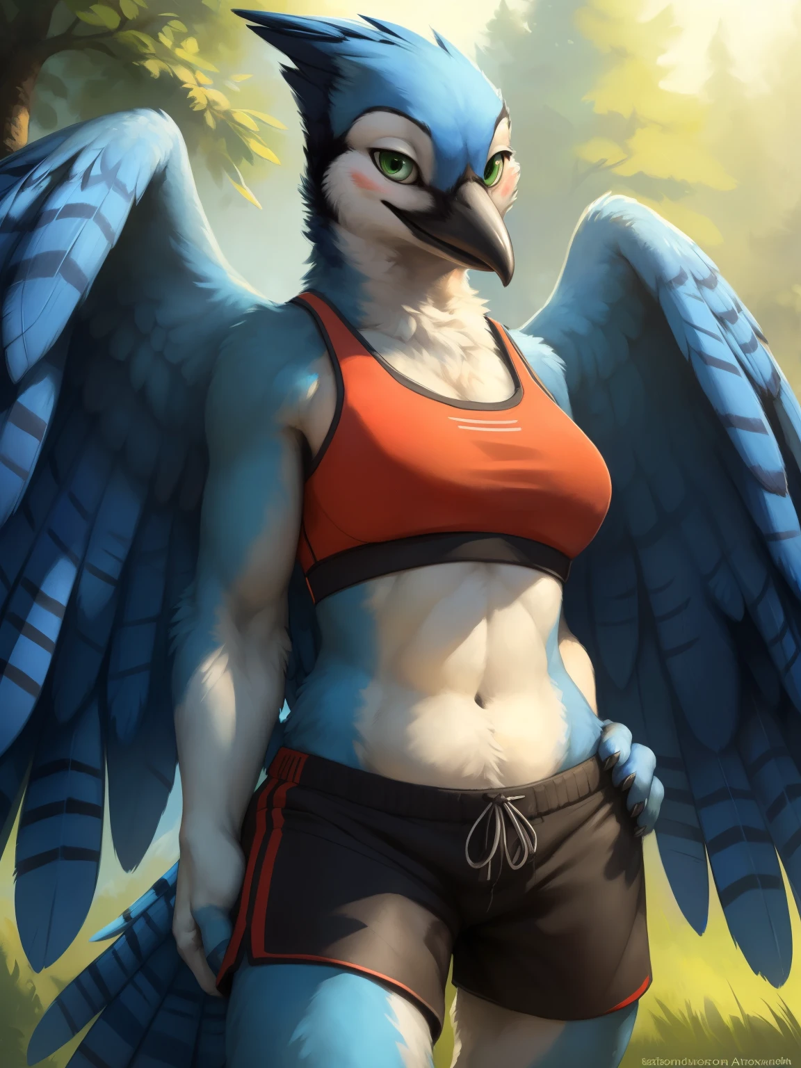 front view, close up view, third person view, stone wall, a beautiful and detailed portrait of a huge female blue bird, (scrub jay, bluejay), wings, feathered wings, bedroom eyes, tail, kenket, Ross Tran,ruan jia, trending on artstation,foxovh, cenematic lighting, vip, body, full body, lookin at viewer, standing, (((park)) happy, blush, big (((red sports bra, black shorts))), covering self, front view, green eyes,