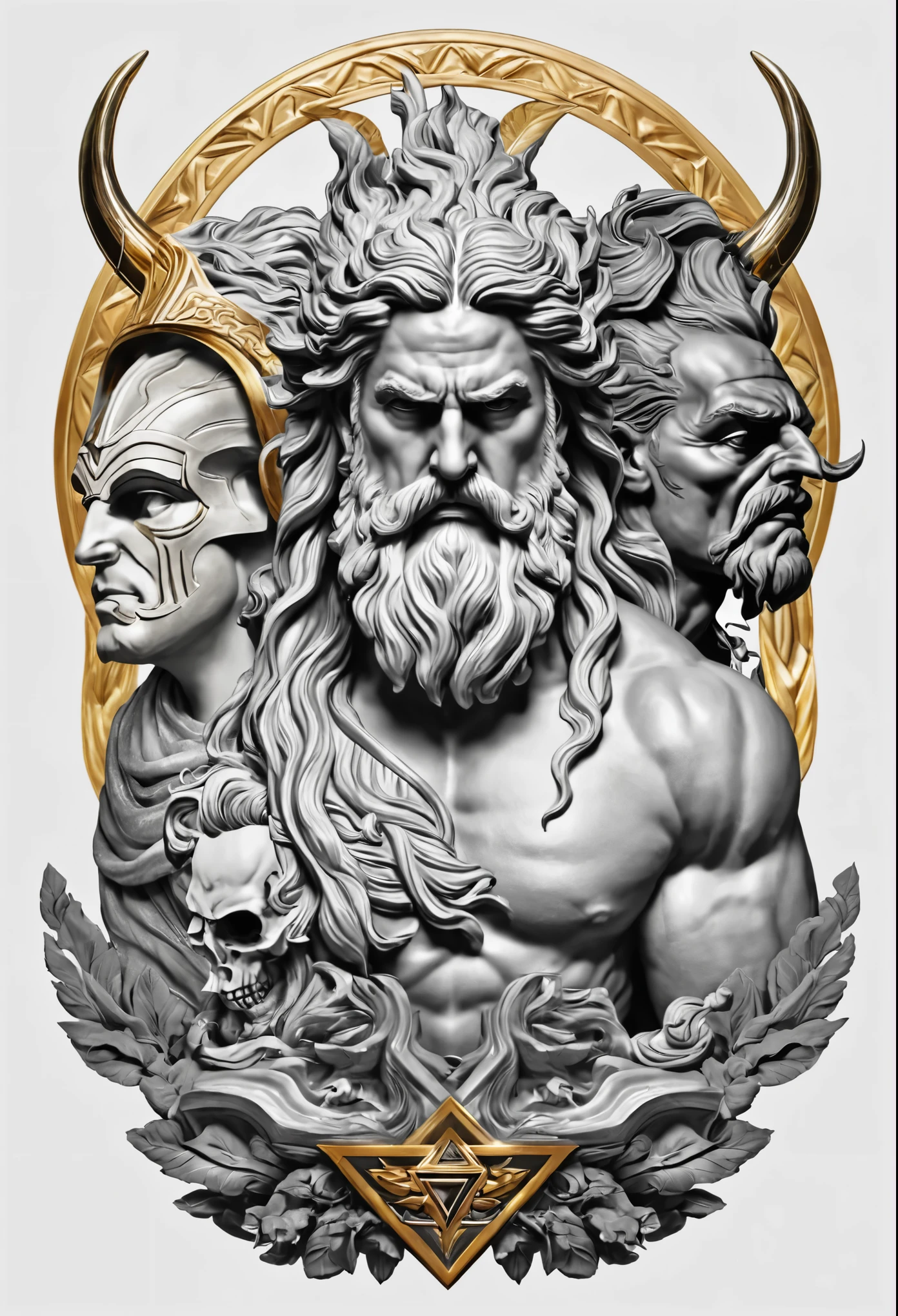 Greek stoic statue with muscles and beard with arms crossed 