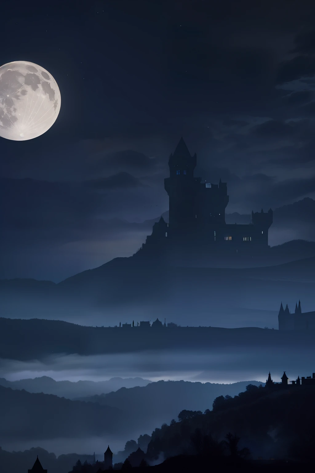 In the atmospheric scene, a foreboding castle looms in the distance, its dark silhouette contrasting against the moonlit night. A solitary bat flutters through the inky sky, its wings spread wide in the eerie stillness. The castle's tall, pointed towers cast long shadows on the ground below, and the faint light of the full moon illuminates the cobweb-covered walls, adding to the ominous feel. The air is thick with an air of mystery and intrigue, as if holding a secret long hidden from the world. The entire scene is depicted with exceptional detail, from the intricate patterns on the castle's facade to the individual hairs on the