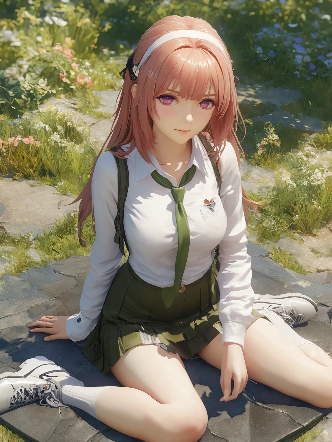 diy2，Highest quality, ultra-high definition, masterpieces, 8k, realistic, anime styled, 3d render，anime girl sitting on the ground in a field with a green tie, anime visual of a cute girl, marin kitagawa fanart, fine details. girls frontline, smooth anime cg art, from girls frontline, beautiful anime high school girl, girls frontline style, girl wearing uniform, girls frontline cg, painted in anime painter studio, makoto shinka, official art
