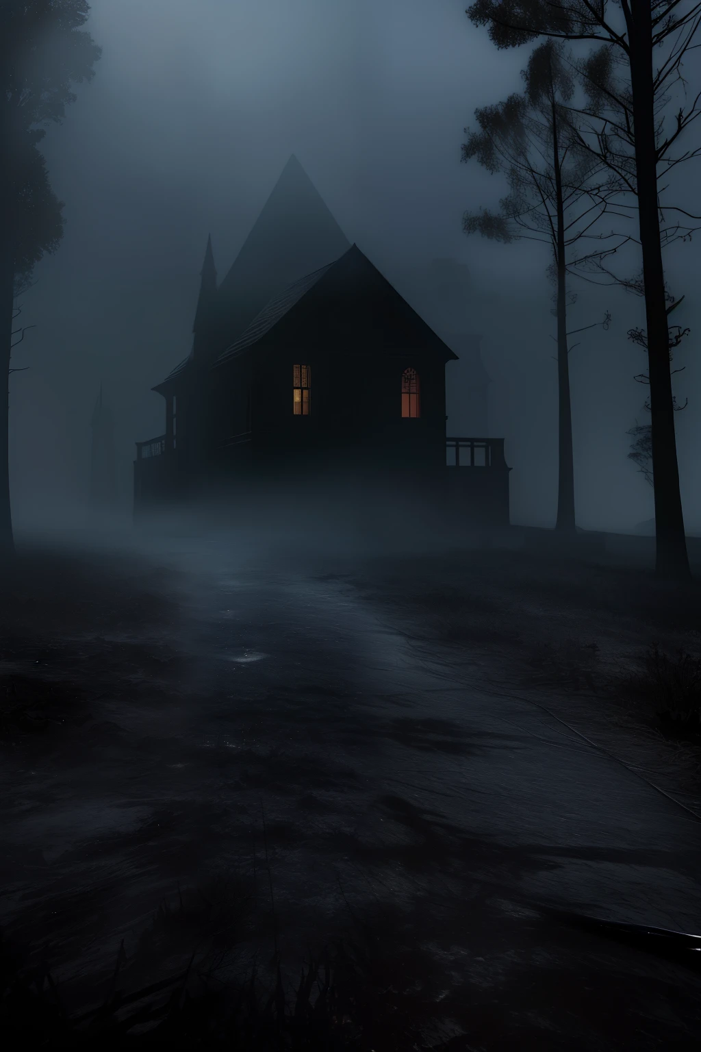Atmosphere: (dark and mysterious: 1.3), (eerie: 1.2), (haunting: 1.1), (ominous: 1.2), (enigmatic: 1.1), (sinister: 1.2), (gloomy: 1.1), (shadowy: 1.2), (mystical: 1.1), (foreboding: 1.2), (mysterious fog: 1.3), (creepy: 1.1), (chilling: 1.2), (spooky: 1.1), (dark ambiance: 1.3), (enveloped in mist