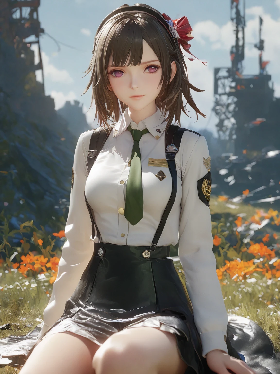 diy2，Highest quality, ultra-high definition, masterpieces, 8k, realistic, anime styled, 3d render，anime girl sitting on the ground in a field with a green tie, anime visual of a cute girl, marin kitagawa fanart, fine details. girls frontline, smooth anime cg art, from girls frontline, beautiful anime high school girl, girls frontline style, girl wearing uniform, girls frontline cg, painted in anime painter studio, makoto shinka, official art
