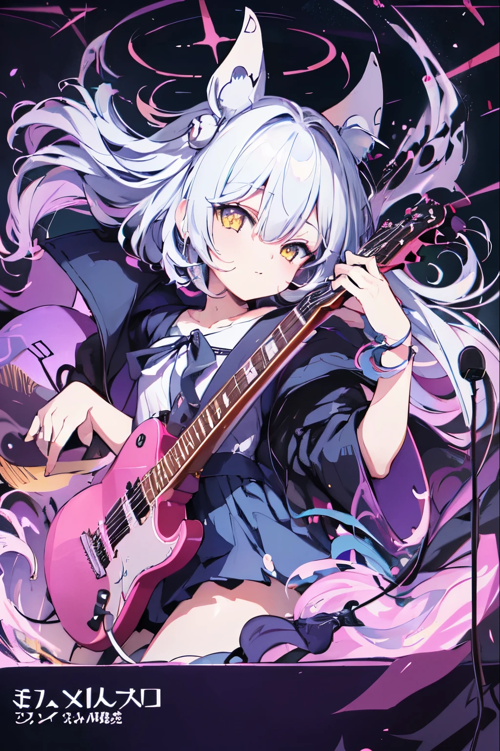 ((masutepiece)), ((Best Quality)), (Ultra-detailed), Anime style, Live performance venue, Cute s, 1girl in, Solo, Playing the guitar 00, ((Beautiful eyes))0, Smile,(((yellow eyes))),