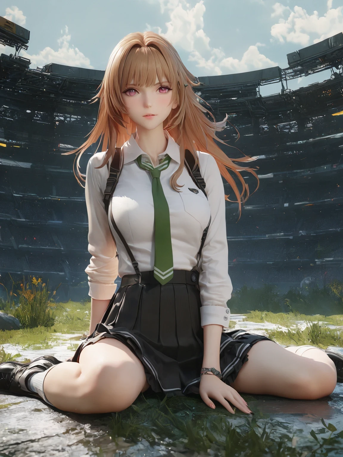 diy2，Highest quality, ultra-high definition, masterpieces, 8k, realistic, anime styled, 3d render，anime girl sitting on the ground in a field with a green tie, anime visual of a cute girl, marin kitagawa fanart, fine details. girls frontline, smooth anime cg art, from girls frontline, beautiful anime high school girl, girls frontline style, girl wearing uniform, girls frontline cg, painted in anime painter studio, makoto shinka, official art
