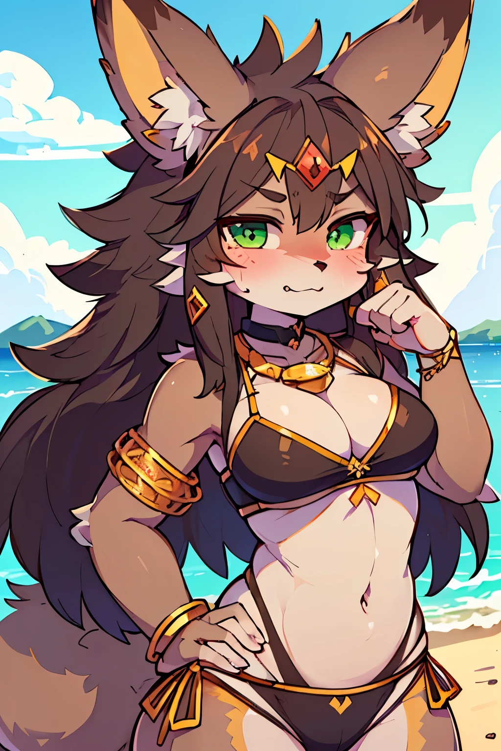 ((By Bebebebebe, by SpiritD, by K0BIT0WANI, best quality, masterpiece, perfect anatomy, detailed picture)), 1female, Seth, (Tokyo Afterschool Summoner), sexy body, breasts, belly dancer clothing, jewelry, brown furs, jackal, black sclera, green eyes, red blushing, shy, in the beach,