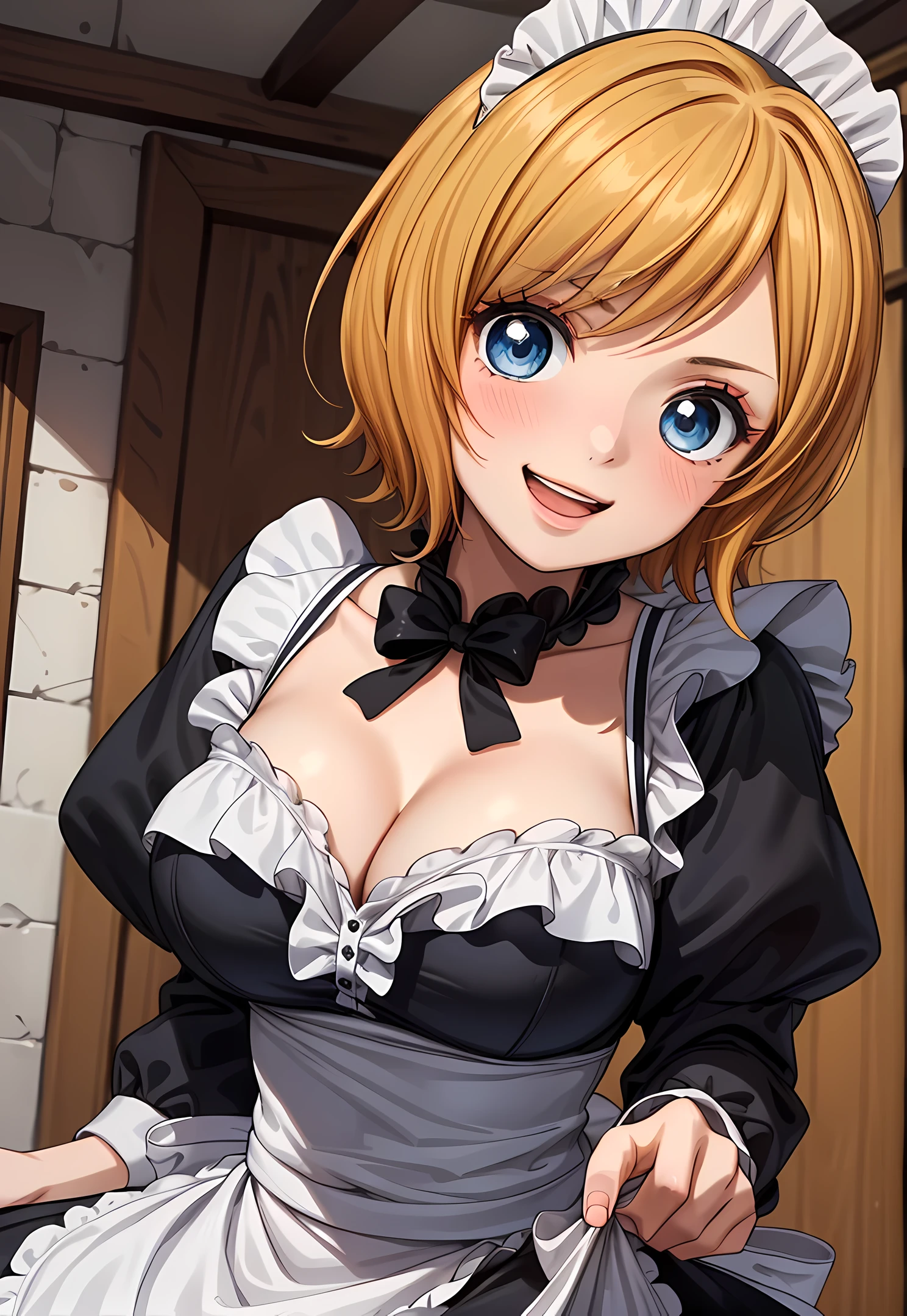 (from front:1.3), masterpiece, highest quality, 8K, High resolution, highest quality, anime style, best writing, beautiful face, masterpiece、High resolution、koala, best fingers, best eyes, (beautiful makeup:1.1), (charming eyes:1.3)、beautiful blonde, short hair、blue eyes、big breasts, (maid dress:1.3), (black dress:1.3), (white brim:1.3)、(cuffs:1.3)、best smile、blush, open your mouth, (close up:1.3), free pose, Antique Shop, antique items