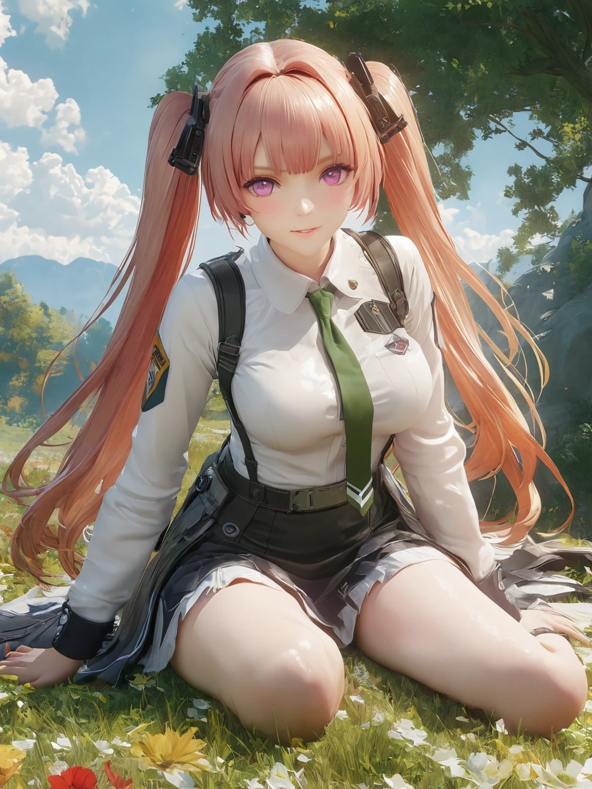 diy2，Highest quality, ultra-high definition, masterpieces, 8k, realistic, anime styled, 3d render，anime girl sitting on the ground in a field with a green tie, anime visual of a cute girl, marin kitagawa fanart, fine details. girls frontline, smooth anime cg art, from girls frontline, beautiful anime high school girl, girls frontline style, girl wearing uniform, girls frontline cg, painted in anime painter studio, makoto shinka, official art
