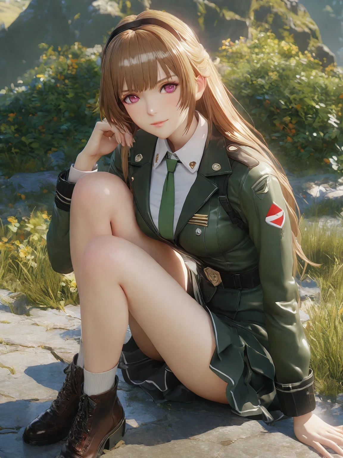 diy2，Highest quality, ultra-high definition, masterpieces, 8k, realistic, anime styled, 3d render，anime girl sitting on the ground in a field with a green tie, anime visual of a cute girl, marin kitagawa fanart, fine details. girls frontline, smooth anime cg art, from girls frontline, beautiful anime high school girl, girls frontline style, girl wearing uniform, girls frontline cg, painted in anime painter studio, makoto shinka, official art
