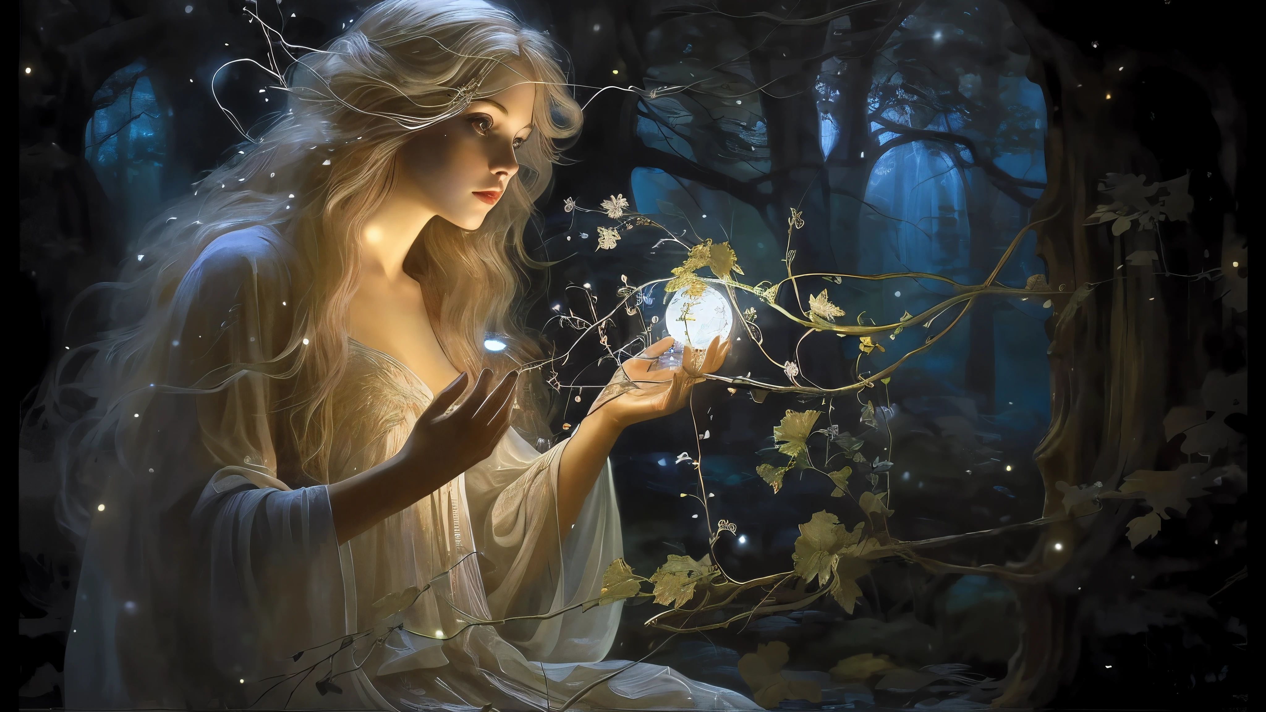 There is a woman with a glowing ball in the forest., fantasy gorgeous lighting, beautiful fantasy art, beautiful fantastic paintings, very beautiful fantasy art, fantasy art, amazing young graceful person, realistic fantasy paintings, fantastic fantasy, shine with magic, mysterious beauty, beautiful fantasy art portrait, fantasy digital art, enchanted with nature spirit, fantasy beautiful, breathtaking fantasy art