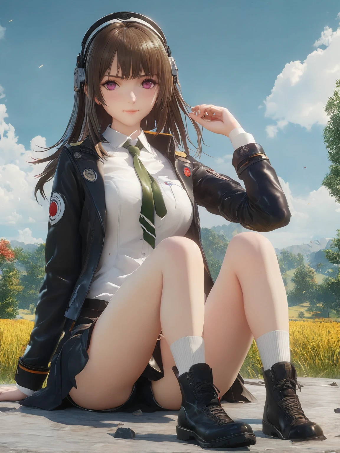 diy2，Highest quality, ultra-high definition, masterpieces, 8k, realistic, anime styled, 3d render，anime girl sitting on the ground in a field with a green tie, anime visual of a cute girl, marin kitagawa fanart, fine details. girls frontline, smooth anime cg art, from girls frontline, beautiful anime high school girl, girls frontline style, girl wearing uniform, girls frontline cg, painted in anime painter studio, makoto shinka, official art
