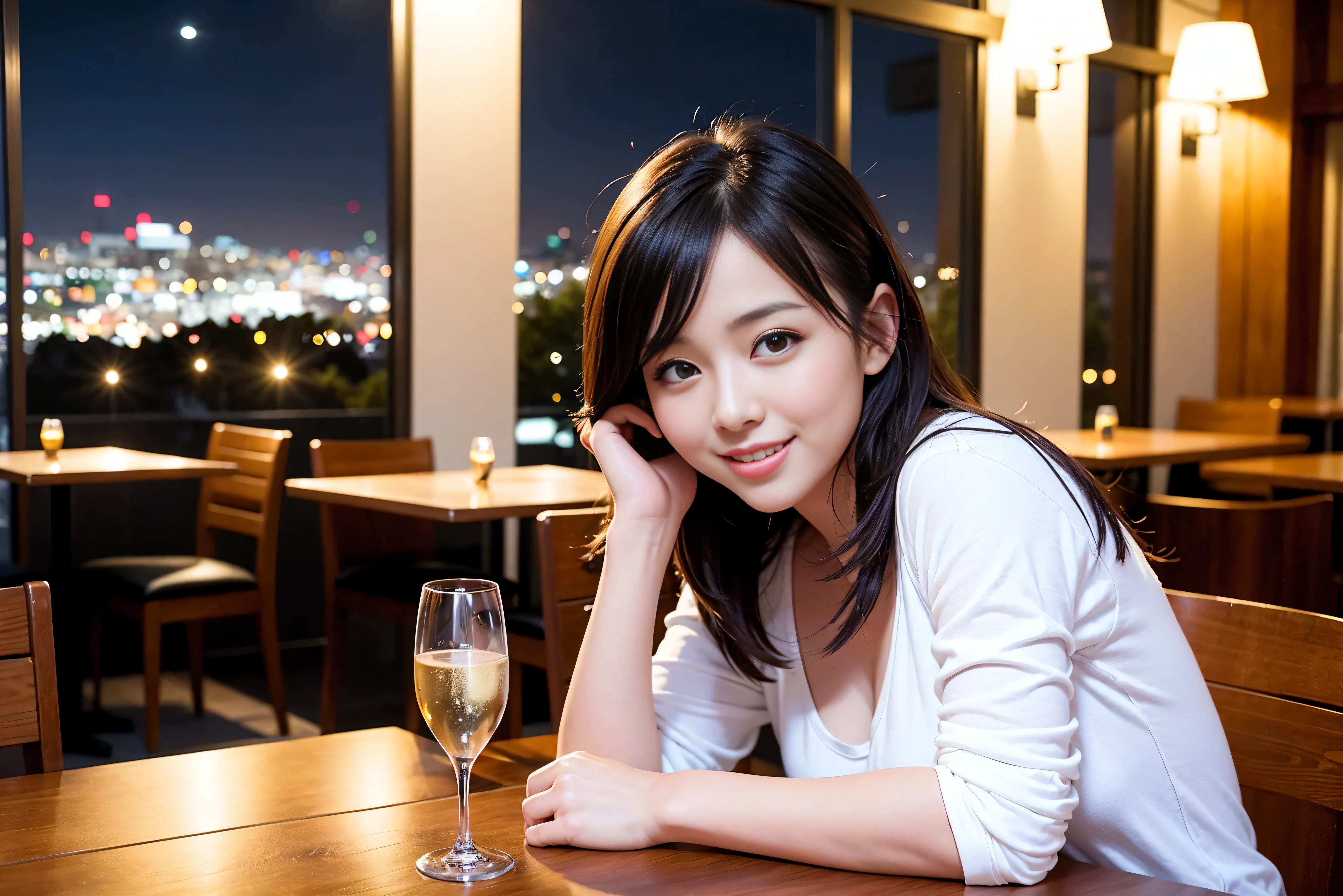 K, UHD, highest quality, masterpiece: 1.2), (realistic, photorealistic: 1.37), Spectacular view of the sunset sky and clouds、Amazing mountain views、A bright smile、happy toast、3 slim beauties, (slim face),Happy、 the best smile、Fox face、Berry Short、(because I'thin), (brown hair), (shortcut), long sleeve shirt、winter fashion、Japanese、Dutch、German、Portuguese、Belgian、Italian、French,Champagne、SparKling wine、 (gush), (slim body), (brown hair), (shortcut), neat beauty、cheeKs blush a little, (41 years old), 38 years old, alone, A beautiful and detailed night view spreads out outside the window..., restaurant, wine glass is sitting, At night, in a prominent place (from the Upper body) nova frog style, actress, model, Upper body, White wine, slim, wine glass, very beautiful night view, wine glass Put in the Middle, Happy smile, (smile: 1.15),
