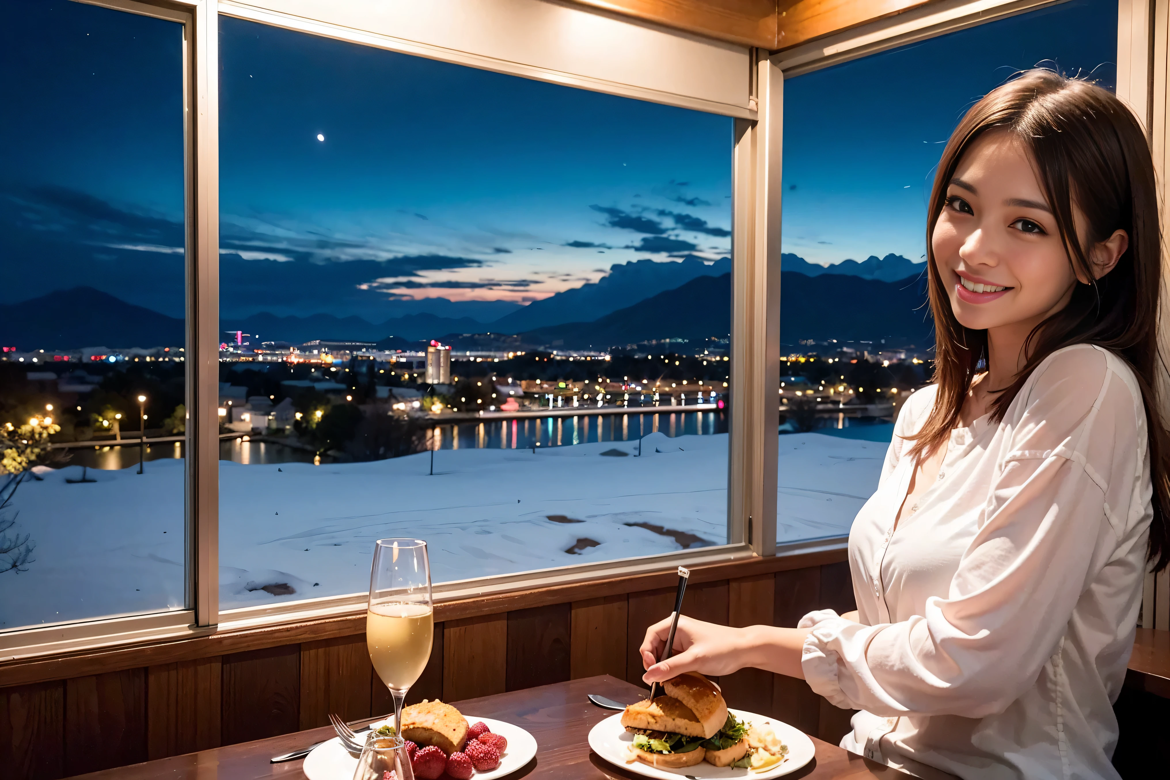 K, UHD, highest quality, masterpiece: 1.2), (realistic, photorealistic: 1.37), Spectacular view of the sunset sky and clouds、Amazing mountain views、A bright smile、happy toast、3 slim beauties, (slim face),Happy、 the best smile、Fox face、Berry Short、(because I'thin), (brown hair), (shortcut), long sleeve shirt、winter fashion、Japanese、Dutch、German、Portuguese、Belgian、Italian、French,Champagne、SparKling wine、 (gush), (slim body), (brown hair), (shortcut), neat beauty、cheeKs blush a little, (41 years old), 38 years old, alone, A beautiful and detailed night view spreads out outside the window..., restaurant, wine glass is sitting, At night, in a prominent place (from the Upper body) nova frog style, actress, model, Upper body, White wine, slim, wine glass, very beautiful night view, wine glass Put in the Middle, Happy smile, (smile: 1.15),