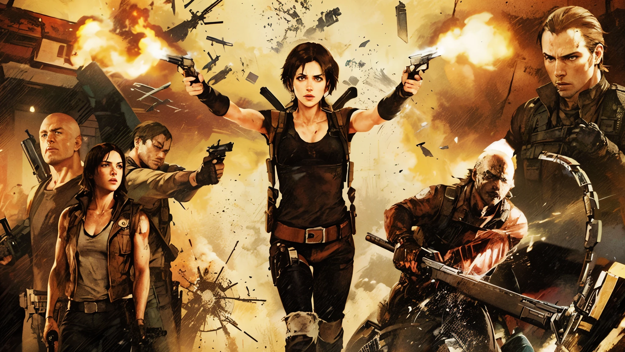 Close-up of a group of people holding guns and guns, resident Evil, background of resident Evil game, resident Evil 1, resident Evil inspired, Action movies, Movie promotional pictures, resident Evil 4, Movie中的動作場面, Astonishing, Edited, action movie, movies with guns, action movie still, artistic, Movie《Tomb Raider》Still