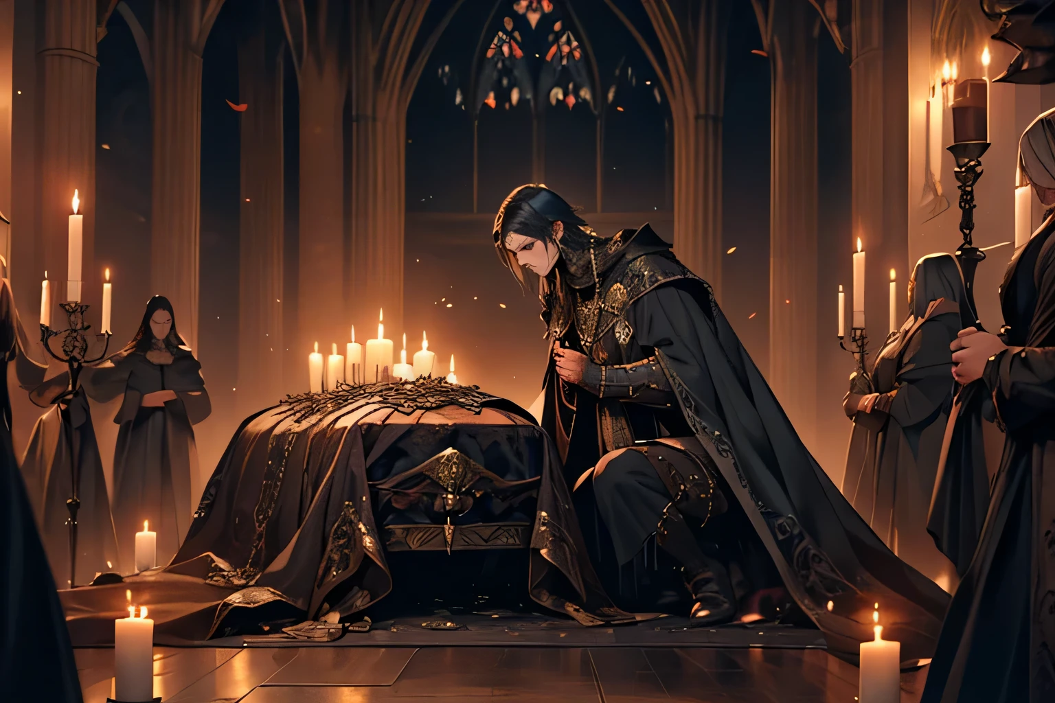 somber funeral scene set in a medieval fantasy world, featuring dark, mournful colors, intricate Gothic architecture, dim candlelit atmosphere, weeping and consoling each other, central focus on a casket adorned with ornate designs.