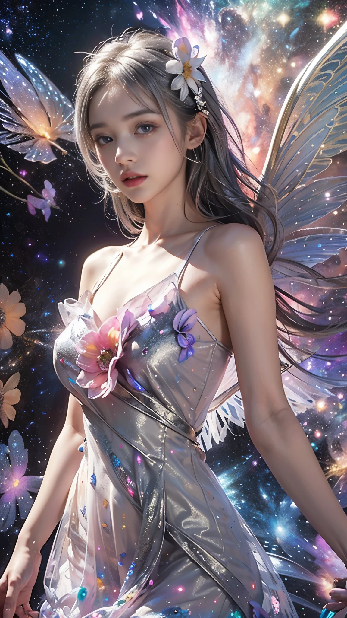 4k ultra hd, masterpiece, a girl, good face, detailed eyes, detailed lips, flower fairy girl, big wings, transparent wings, neon lights, (galaxy background:1.5), (flower dress:1.8), (silver dress:1.5), in the heaven, sitting,
