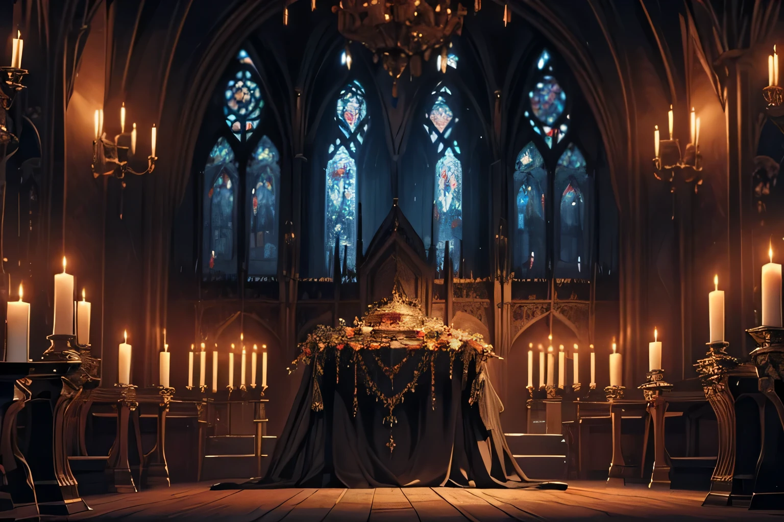 somber funeral scene set in a medieval fantasy world, featuring dark, mournful colors, intricate Gothic architecture, dim candlelit atmosphere, central focus on a casket adorned with ornate designs.