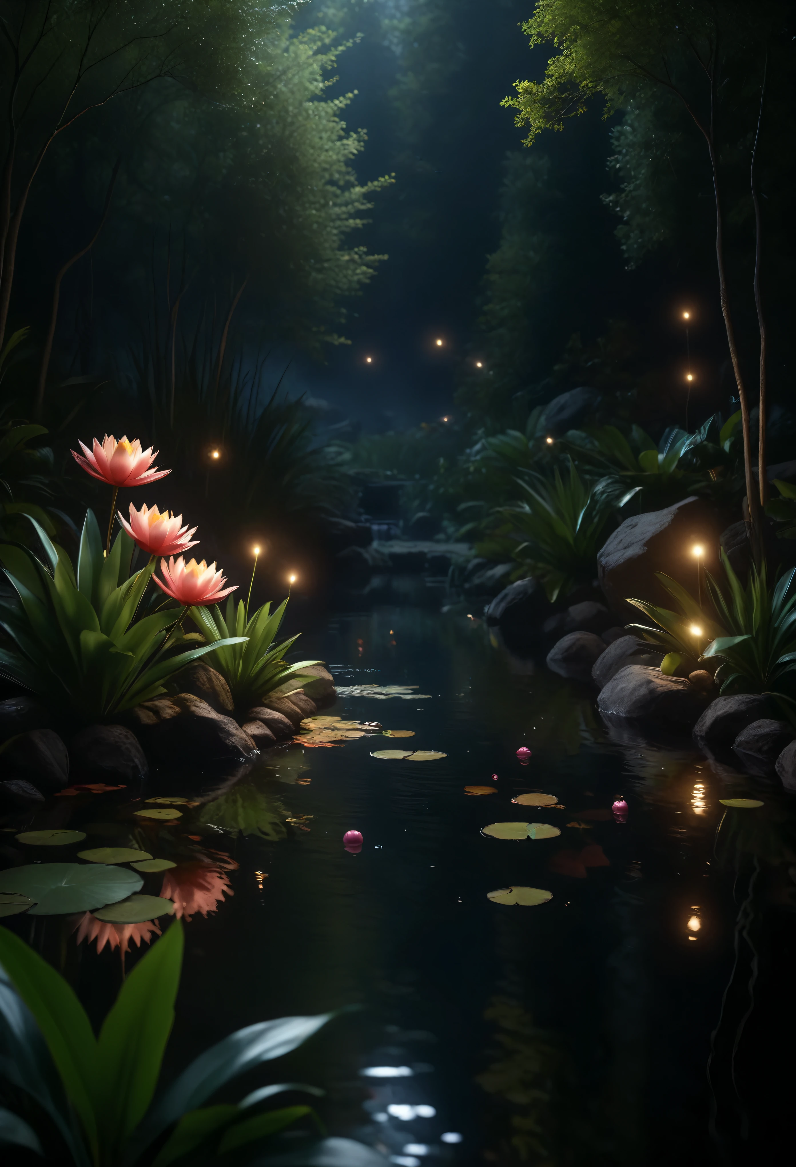 ((Masterpiece in maximum 16K resolution):1.6),((soft_color_photograpy:)1.5), ((Ultra-Detailed):1.4),((Movie-like still images and dynamic angles):1.3), ((motion blur):1.1),((Ultra wide angle):1.5),((panoramic lens photo):1.3). | (Cinematic shot of a beautiful pond), award winning masterpiece with incredible details, epic stunning, ((Exotic fish jumping from the pond):1.2), ((watersplashes):1.1), ((tyndall effect):1.1), ((serene night):1.2), ((very dark night):1.5), ((ponds beautiful flora):1.2), ((sense of serenity):1.1), (shimmer), (visual experience), (Realism), (Realistic), award-winning graphics, dark shot, film grain, extremely detailed, Digital Art, rtx, Unreal Engine, scene concept anti glare effect, All captured with sharp focus. Rendered in ultra-high definition with UHD and retina quality, this masterpiece ensures anatomical correctness and textured skin with super detail. With a focus on high quality and accuracy, this award-winning portrayal captures every nuance in stunning 16k resolution, immersing viewers in its lifelike depiction. Avoid extreme angles or exaggerated expressions to maintain realism. ((perfect_composition, perfect_design, perfect_layout, perfect_detail, ultra_detailed)), ((enhance_all, fix_everything)),