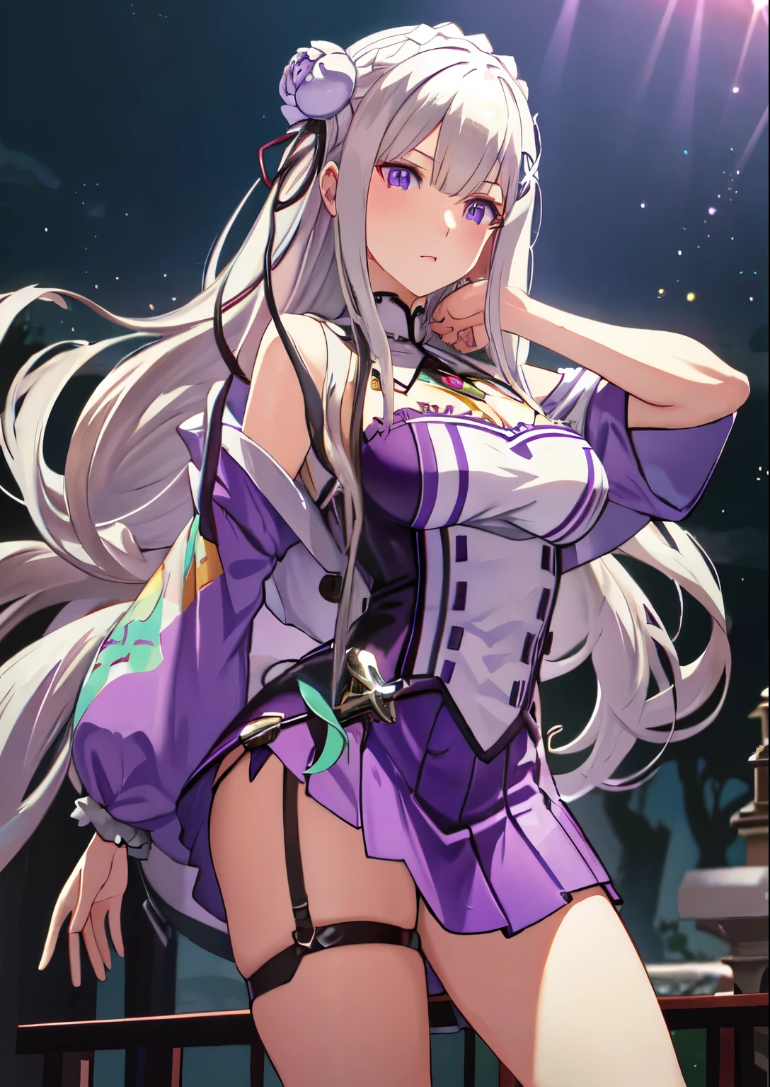 anime girl with long white hair and purple eyes in a purple outfit, seductive anime girl, extremely detailed artgerm, Emilia re:zero, purple eyes, Emilia, crown braid, x hair ornament, flower hair ornament, white hair, long hair, medium breasts, from girls frontline,  anime goddess, cushart krenz key art feminine, fine details. girls frontline, azur lane style, biomechanical oppai,  