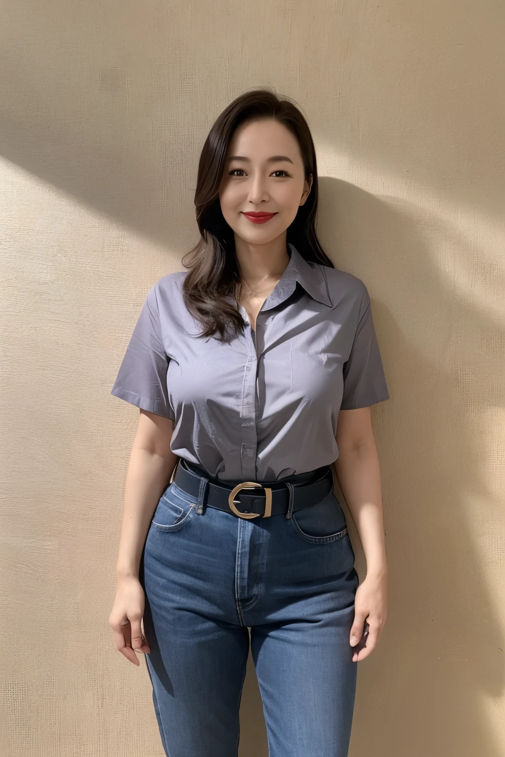 Draw lips correctly, red lipstick, from chest up, best quality, Super detailed, lifelike, Super fine skin, perfect anatomy, (1 日本Mature的女人), (alone),Wear a gray shirt,short sleeves,blue jeans,black belt,wavy long hair,37-year-old female,
Mature,charming smile,outdoor background,stand,Leg length,Chubby,Big breasts,stand up,full-body shot
