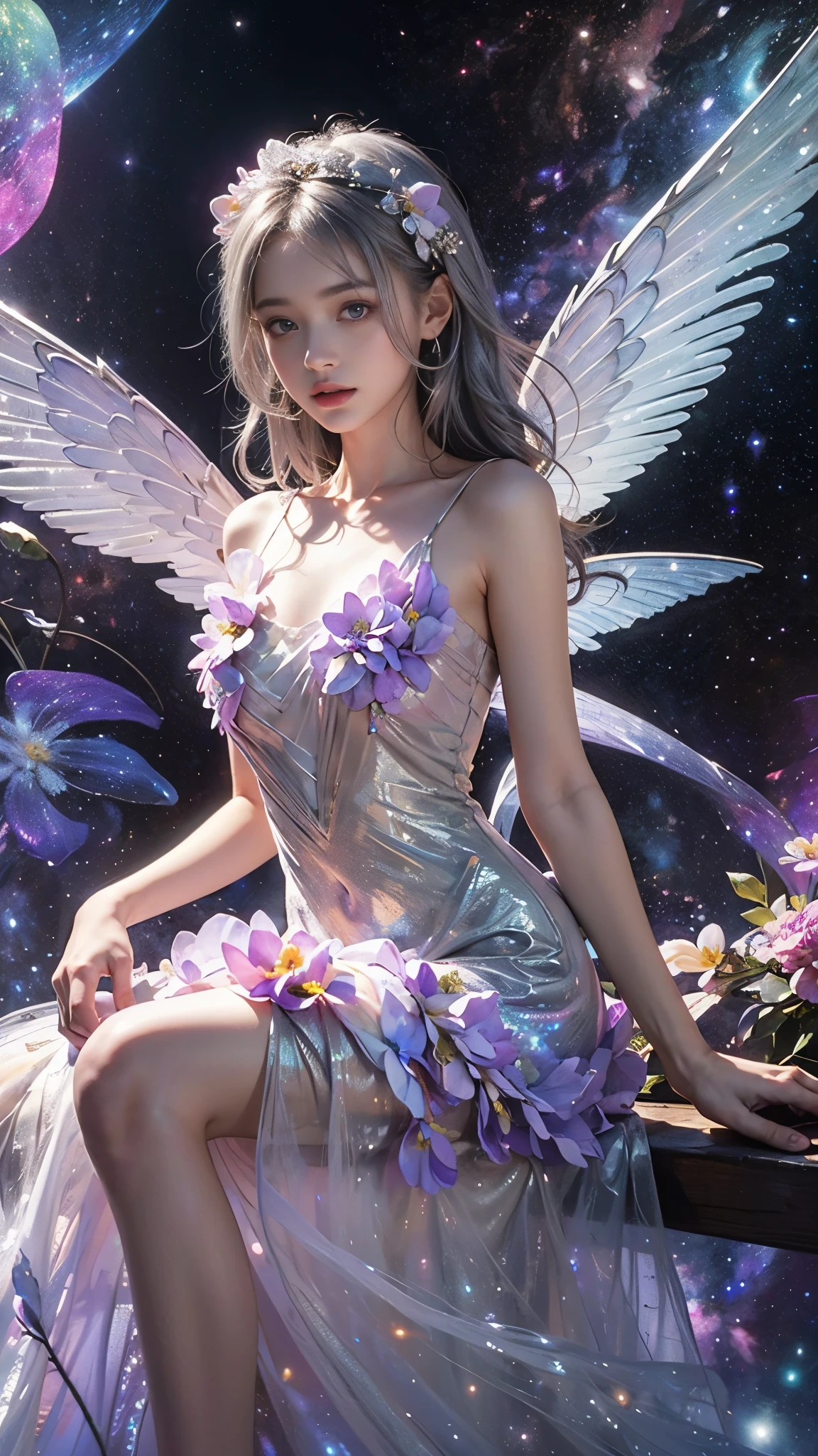 4k ultra hd, masterpiece, a girl, good face, detailed eyes, detailed lips, flower fairy girl, big wings, transparent wings, neon lights, (galaxy background:1.5), (flower dress:1.8), (silver dress:1.5), in the heaven, sitting,