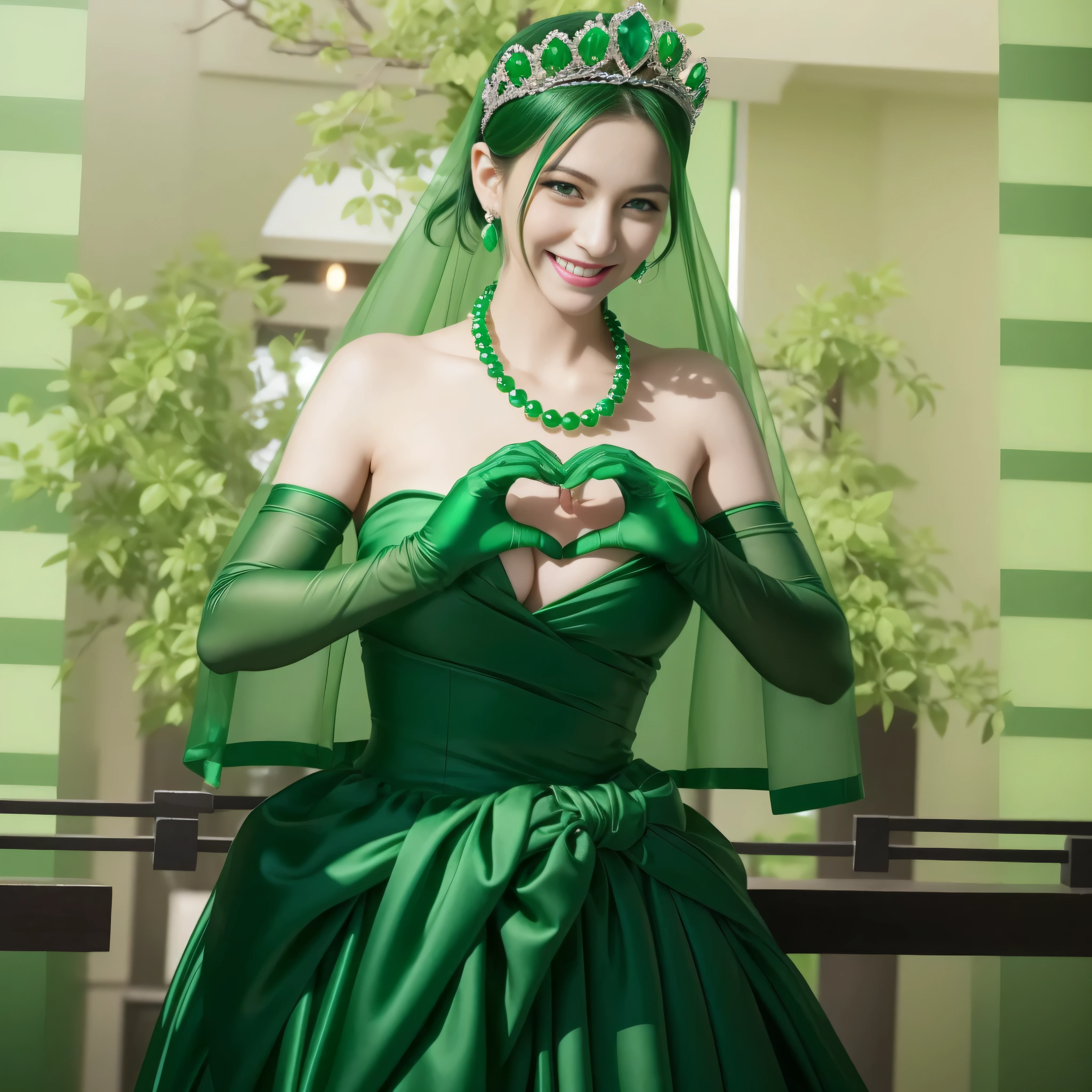 emerald tiara, green pearl necklace, Boyish black hair berry short, lipstick, Smiling Japan woman, very short hair,  big breasts beautiful, green eyes, Green long gloves made of satin material, green eyes, emerald earrings, Green Valley, Heart with both hands