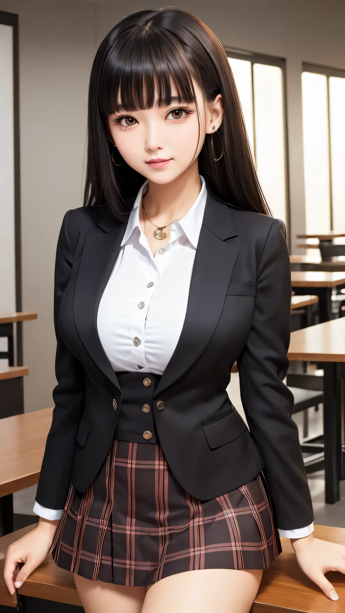 ((high quality)), ((table top)), (detailed face), (highlight), female、Big breasts、blunt bangs、black hair、plaid skirt、blazer、Are standing、photo shoot、solid color background、