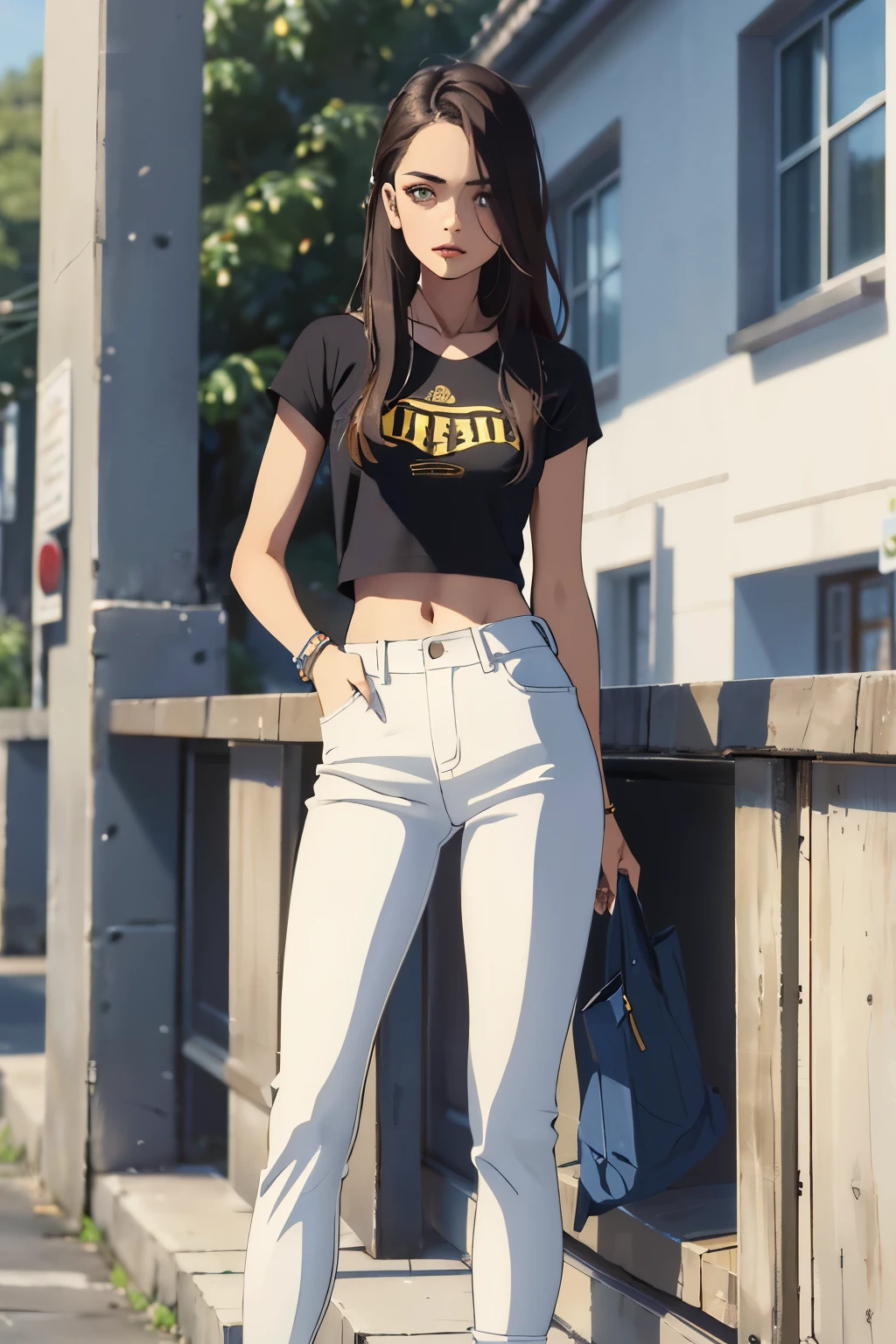 la mejor calidad, cuerpo completo como,cara refinada,20 year old university student,Cuerpo delgado,smaller bust,Camiseta crop top blanca,Pantalones cortos ultra denim sin cintura,escena callejera,Stand tall