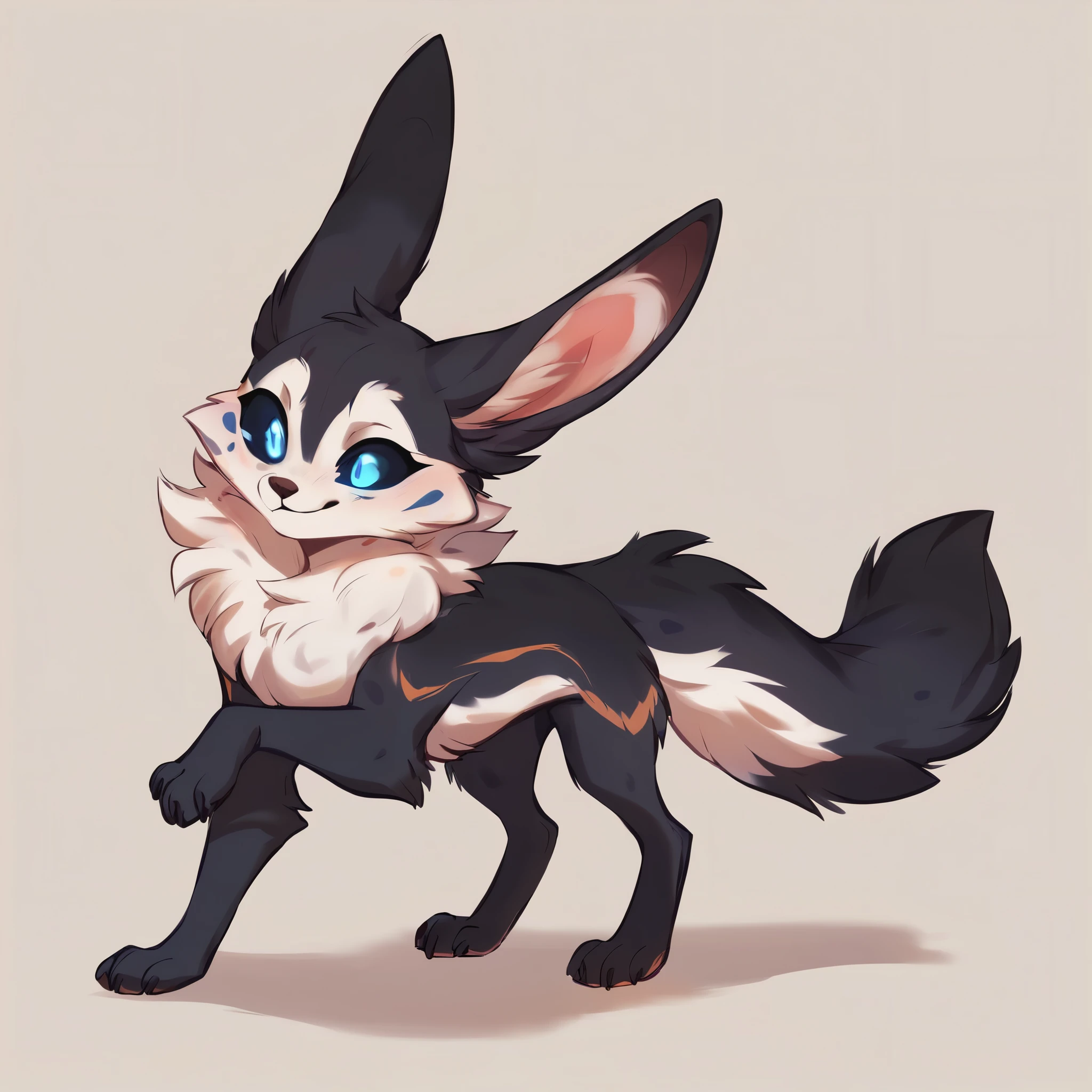 score_9, score_8_up, score_7_up, score_6_up, score_5_up, score_4_up, show accurate, full body, simple background, solo, feral chupacabra, female chupacabra, age chupacabra, adorable face, standing on all fours, black sclera, sapphire blue eyes, bright eyes, playful look, overflowing emotion, skinny body, full black fur, white fur, white face, only black and white color fur, white chest, black color tail, black legs, long ears,