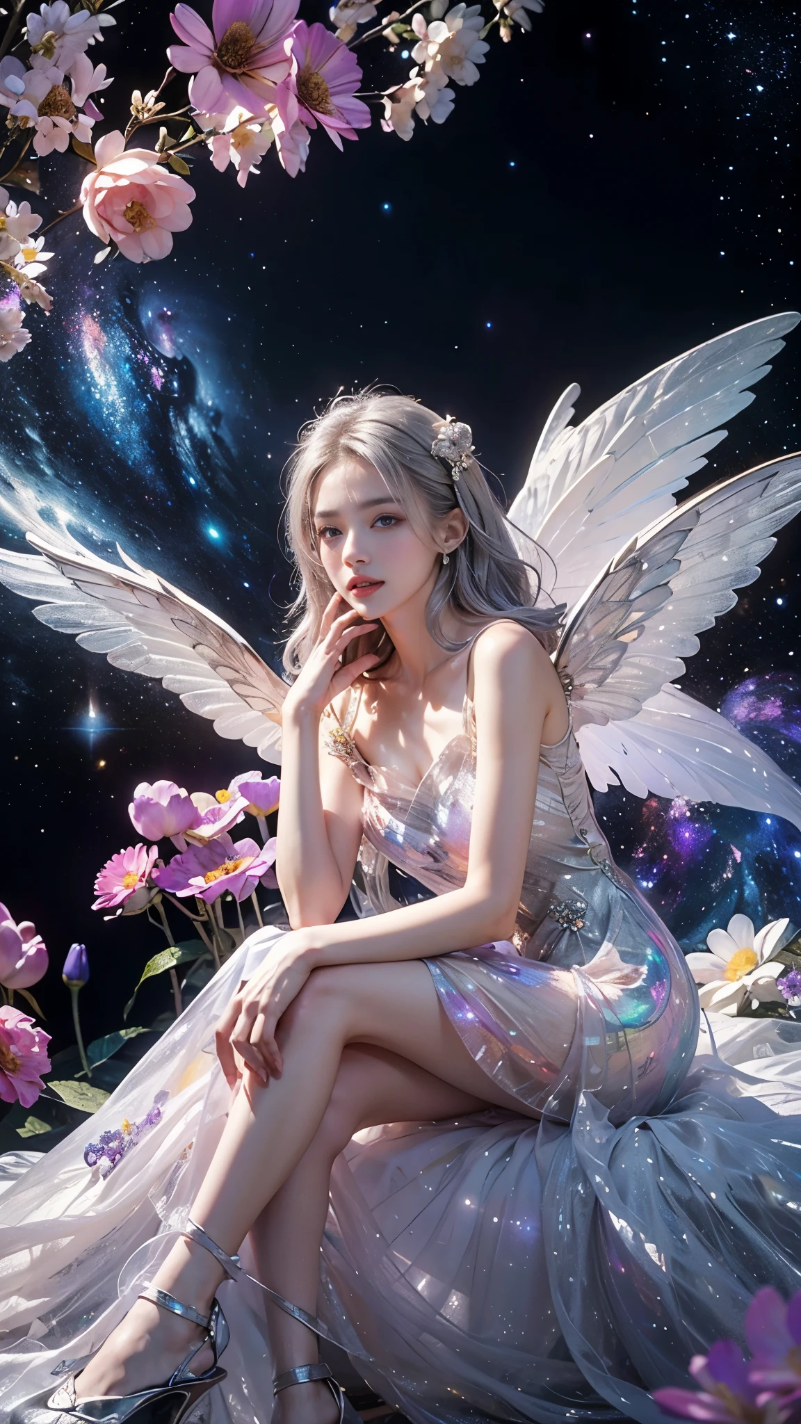 4k ultra hd, masterpiece, a girl, good face, detailed eyes, detailed lips, flower fairy girl, big wings, transparent wings, neon lights, (galaxy background:1.5), (flower dress:1.8), (silver dress:1.5), in the heaven, sitting,
