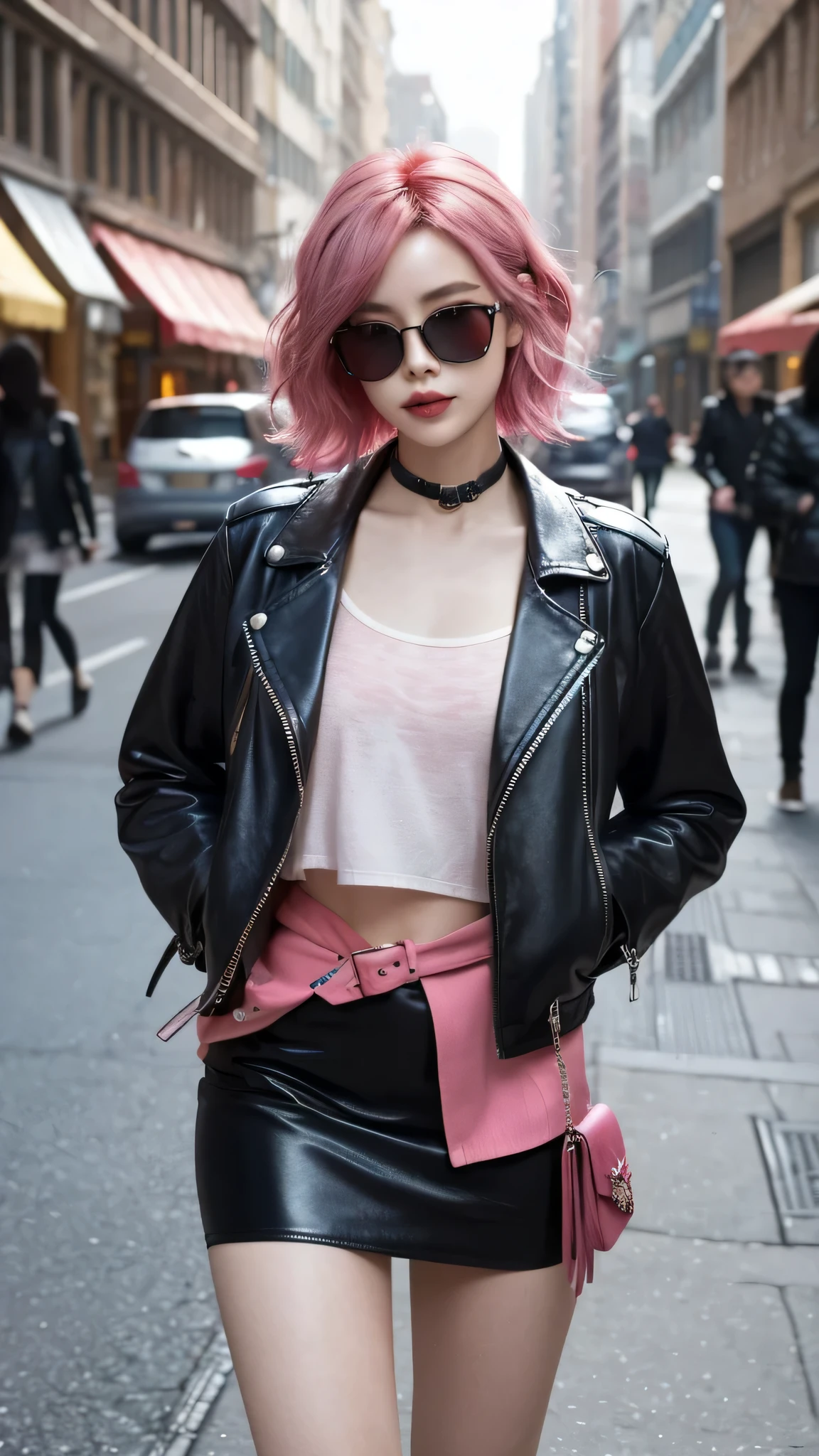 In the heart of the city, a Chinese woman makes a bold fashion statement, her hairstyle a key element of her striking look. Her hair is dyed a vibrant shade of pink, cut short to convey a sense of edgy sophistication. The ends of her hair are softly curled, adding a touch of elegance and flair to the bright color. These gentle curls, along with the subtle fading at the tips, create a stylish and contemporary look, perfectly matching her daring personality. Complementing her distinctive hair, she wears a leather jacket and skirt ensemble, embodying a chic urban style. Her sunglasses add an extra layer of glamour and mystery, enhancing her overall presence. The combination of her vivid pink hair with its playful curls and nuanced fading, set against the backdrop of the bustling city center and paired with her leather outfit, creates a scene of a modern, fashion-forward individual who confidently embraces her unique style.