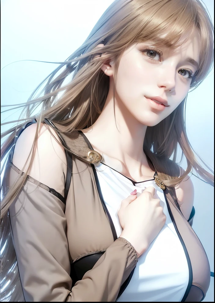 1girl, yoo sangah in manhwa omniscient reader's viewpoint, long hair, sexy dress, light brown hair, brown eyes, smile, beautiful, brown clothes, very big breast, sexy clothes, realistic clothes, detail clothes, indoor wallpaoer, wallpaper realistic, wallpapaer detail, indoor background, ultra detail, realistic