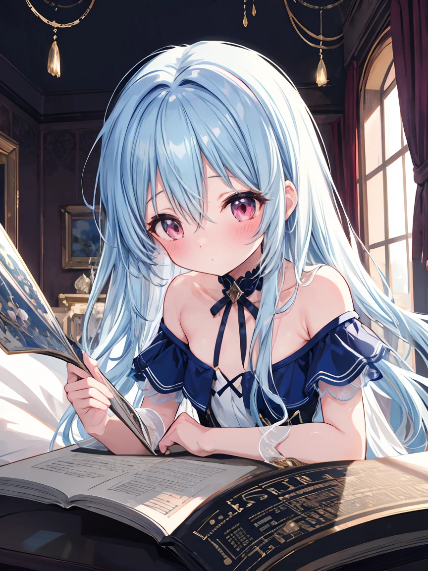(ultra-intricate pupil in eyes, shiny eyes), long eyelashes, double eyelids, parted lips, kawaii, cute, ( flat chest), slender, (ultra delicate and beautiful skin), insanely detailed clothes, perfect anatomy, dynamic angle, BREAK (masterpiece, best quality), (ultra-detailed 8K), (perfect design), absurdres, highres, ((blush)), (super fine illustration), ((light blue long hair)), , long hair ((blush)), masterpiece,
(MASTERPIECE), (Best Quality), (Super Detail), Official Art, One Girl, with Pale Light Blue Hair, , , Navy blue and Silver See-Through Dress, Sleeveless, Off Shoulder, Small, Very Small, Small, Cleavage, Thigh Focus, Card Illustration,((need)), ((tmasterpiece)),art of parting,EtherealBeauty,Small corner, in the old bedroom, dark ambiance,(Fantasy illustration:1.3),tempting pose, otherworldly charm, Moon Night, pastelcolor, (A high resolution:1.2),Best full body photo,Light red eyes,