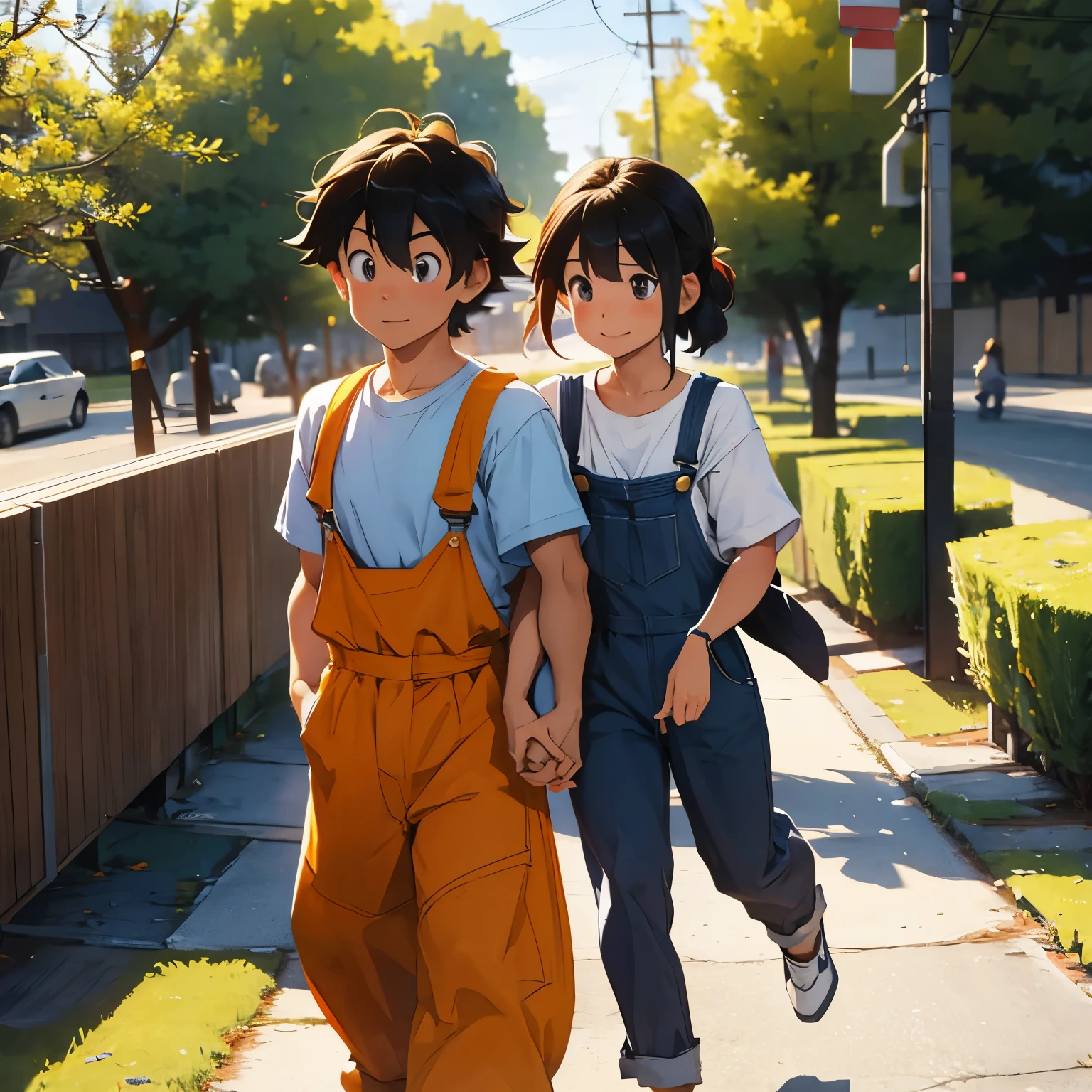 Generate a small Goku but with overalls and he is on Satoru Gojo&#39;s shoulders and he is holding hands with Utahime and they are walking in the park like a nice family.