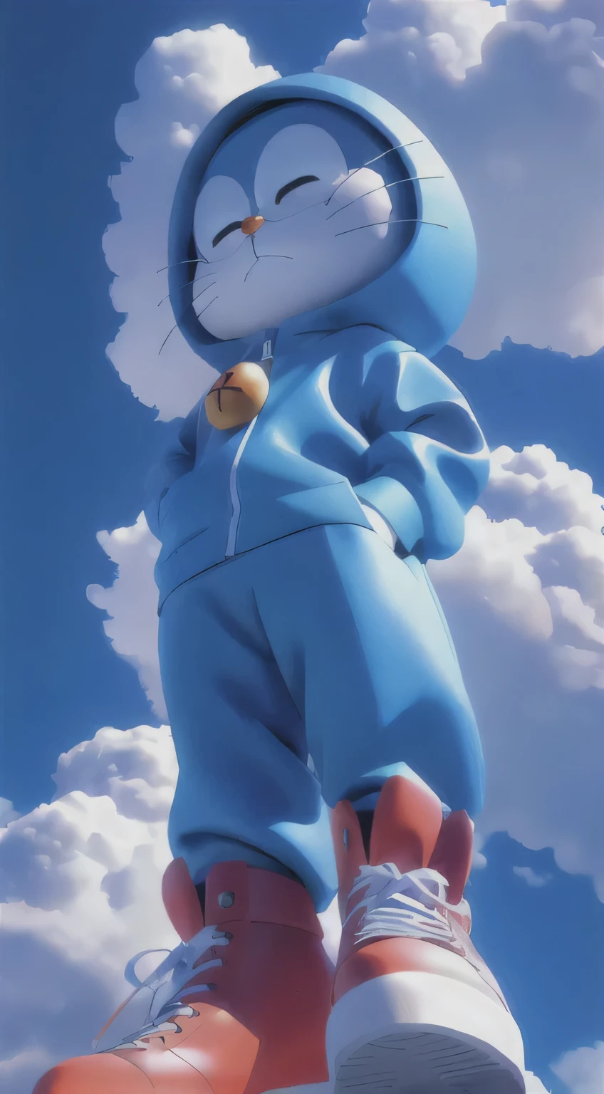 There is a huge blue cat statue there,There is a red shoe on it, Doraemon, Highly detailed iconic characters, hq 4k mobile wallpaper, imobile wallpaper, mobile wallpaper, Gumball Watson, mobile wallpaper hd, anime wallpaper 4k, anime wallpaper 4k, High quality wallpaper, Anime style 3D, High quality wallpaper, author:Kentaro Miura, phone wallpaper