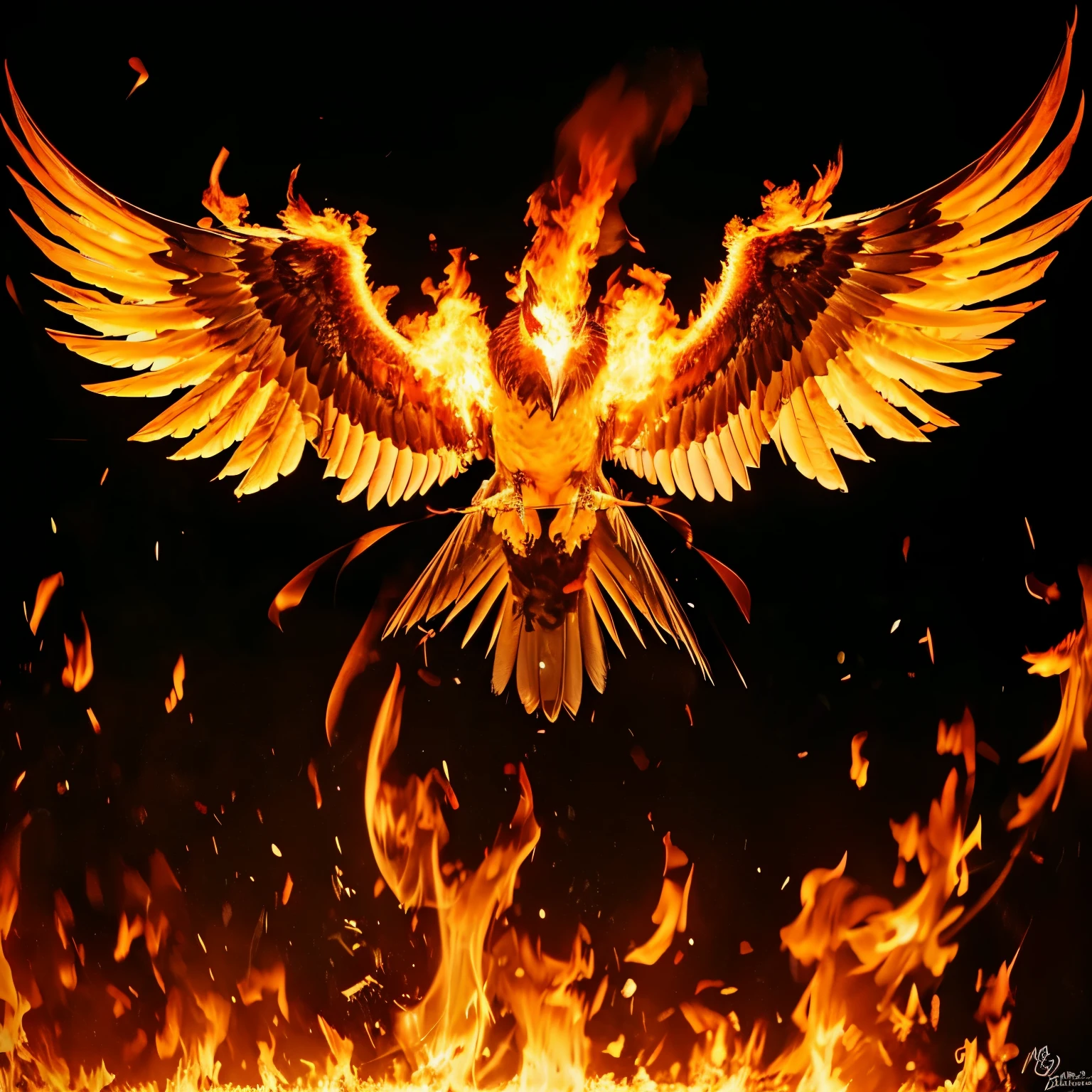 Phoenix bird burning in flames, con fondo oscuro 