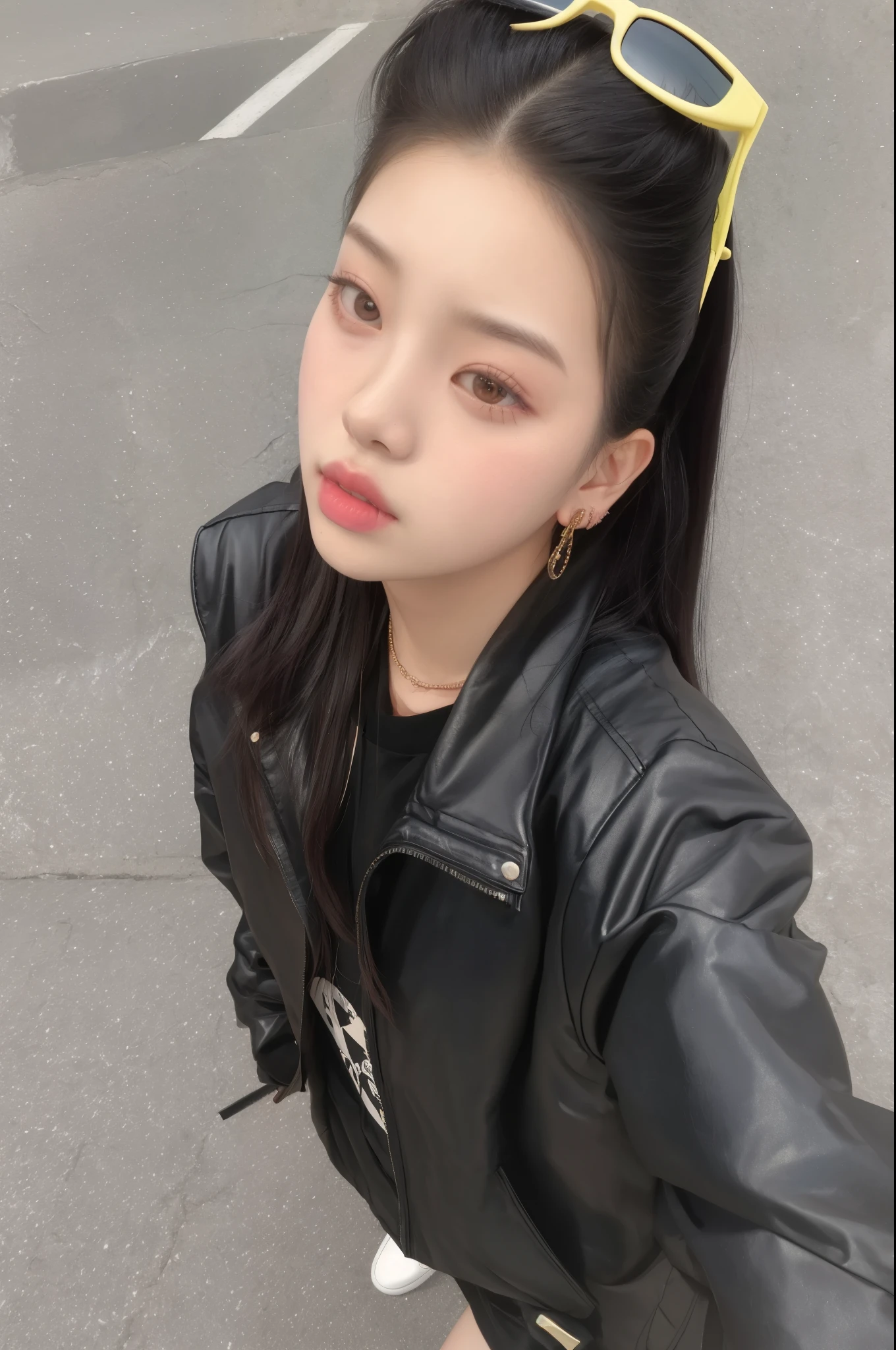 there is a woman in a black jacket and sunglasses taking a selfie, blackpink jennie, jinyoung shin, 🤤 girl portrait, chiho, gongbi, 🚿🗝📝, ulzzang, sakimichan, headshot profile picture, asian girl, xision wu, korean girl, a young asian woman, 🔞🤡, jisoo from blackpink