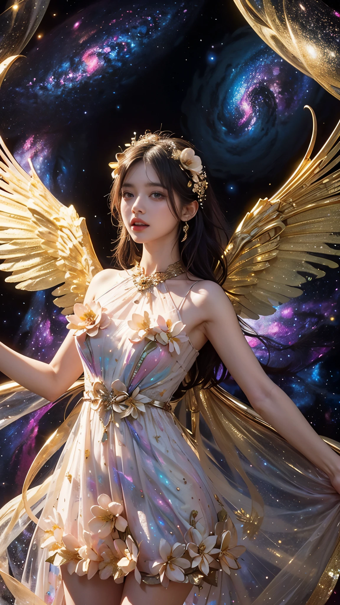 4k ultra hd, masterpiece, a girl, good face, detailed eyes, detailed lips, flower fairy girl, big wings, transparent wings, neon lights, (galaxy background:1.5), (flower dress:1.8), (golden dress:1.5), in the heaven,