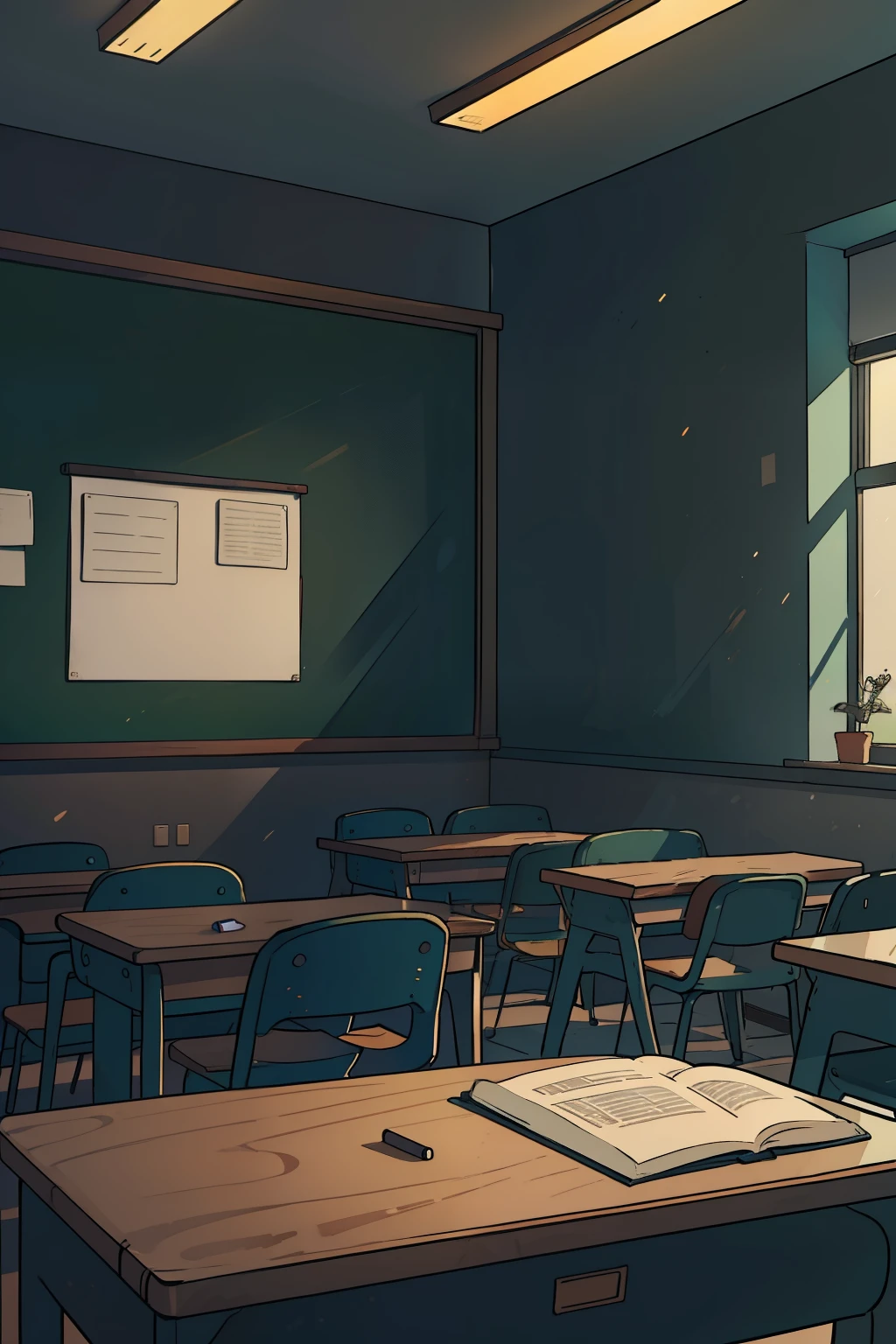 In the neat and tidy classroom, devoid of windows and occupied by absolutely nobody, the 1080:1920 pixel ratio illuminated the high-detailed surroundings with studio lighting. The anime-style setting emphasized the cleanliness of the room, filled with intricately designed game assets, creating a rich and immersive atmosphere. The chalkboard at the front displayed vibrant colors as if it were a piece of art, and even the smallest details, such as the sharp focus on the desk and the vivid colors of the textbooks, did not go unnoticed. Despite the empty space, the room seemed to hold a unique charm, as if waiting for the crew of students to