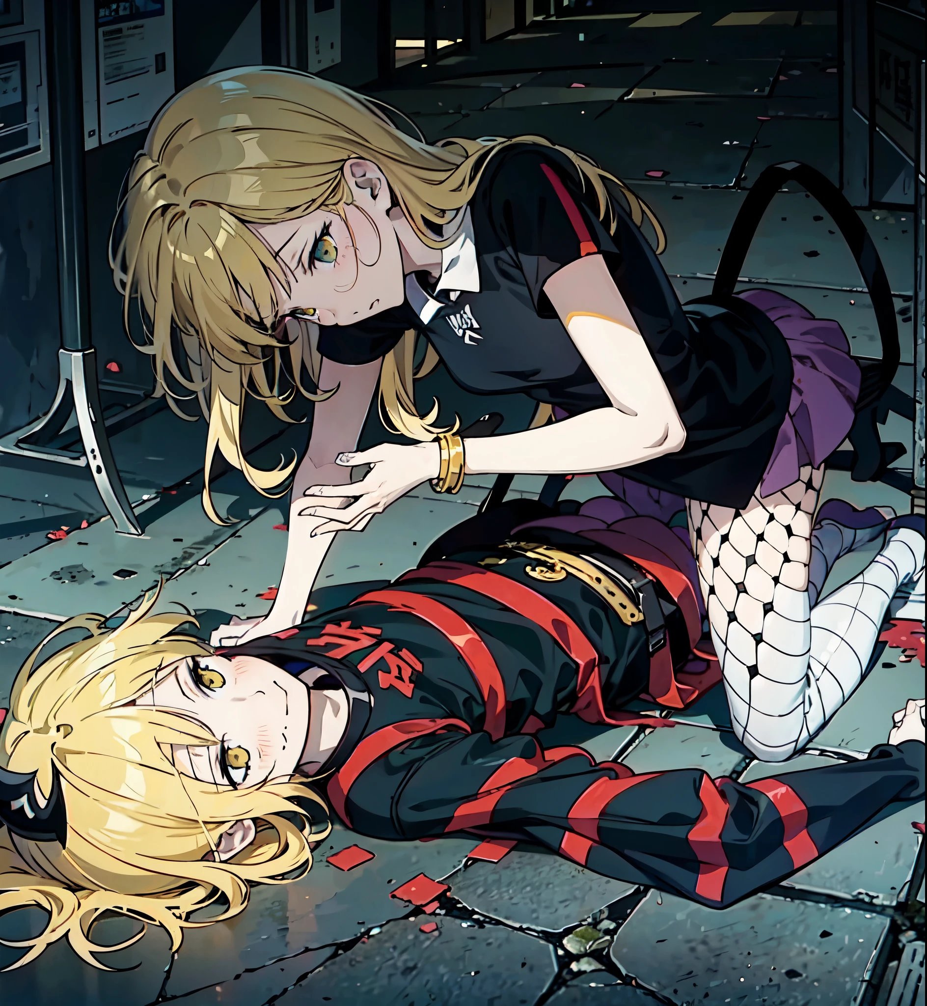 Yellow-haired anime girl in black and red tights kneeling on the ground, By Prue, Badass composition, sad!, sad Scenes, through new art, very sad, No more heroes concept art, By Ei-Q, crawl!!, epic Scenes, , This is pixivs and junji, anime style”, soul Eater, Scenes!!, Douban