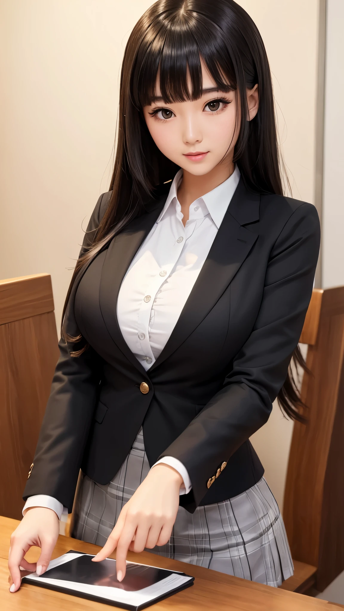 ((high quality)), ((table top)), (detailed face), (highlight), female、Big breasts、blunt bangs、black hair、skirt、blazer
