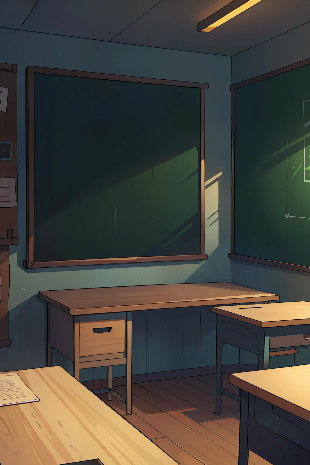 In the neat and tidy classroom, devoid of windows and occupied by absolutely nobody, the 1080:1920 pixel ratio illuminated the high-detailed surroundings with studio lighting. The anime-style setting emphasized the cleanliness of the room, filled with intricately designed game assets, creating a rich and immersive atmosphere. The chalkboard at the front displayed vibrant colors as if it were a piece of art, and even the smallest details, such as the sharp focus on the desk and the vivid colors of the textbooks, did not go unnoticed. Despite the empty space, the room seemed to hold a unique charm, as if waiting for the crew of students to
