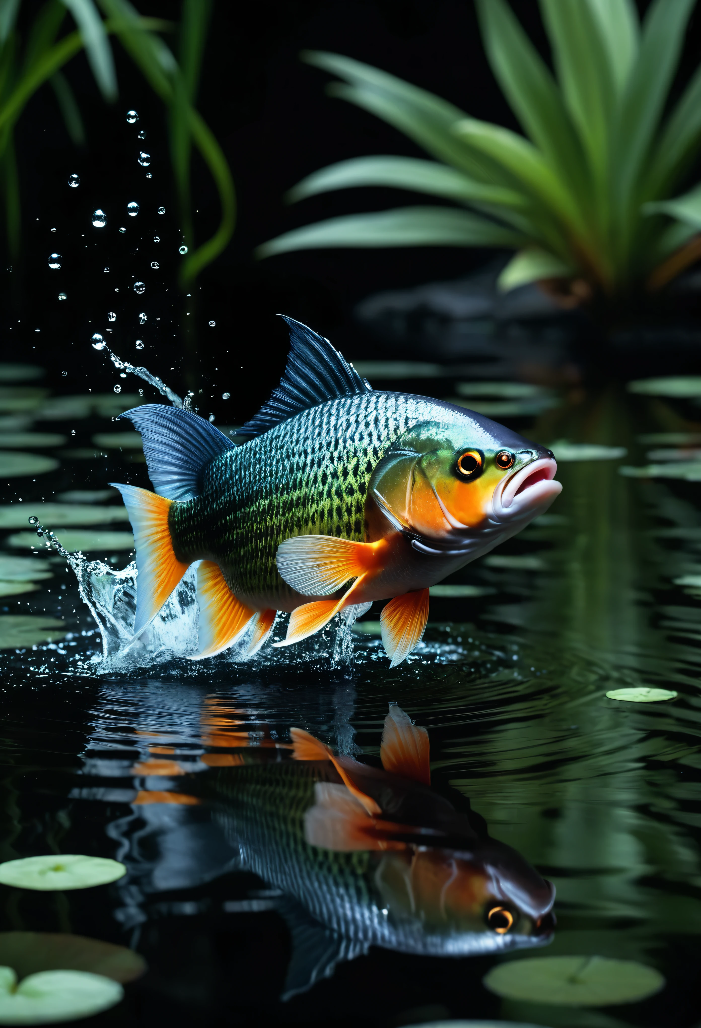 ((Masterpiece in maximum 16K resolution):1.6),((soft_color_photograpy:)1.5), ((Ultra-Detailed):1.4),((Movie-like still images and dynamic angles):1.3), ((motion blur):1.1),((Ultra wide angle):1.5),((panoramic lens photo):1.3). | (Cinematic shot of a beautiful pond), award winning masterpiece with incredible details, epic stunning, ((Exotic fish jumping from the pond):1.2), ((watersplashes):1.1), ((tyndall effect):1.1), ((serene night):1.2), ((very dark night):1.5), ((ponds beautiful flora):1.2), ((sense of serenity):1.1), (shimmer), (visual experience), (Realism), (Realistic), award-winning graphics, dark shot, film grain, extremely detailed, Digital Art, rtx, Unreal Engine, scene concept anti glare effect, All captured with sharp focus. Rendered in ultra-high definition with UHD and retina quality, this masterpiece ensures anatomical correctness and textured skin with super detail. With a focus on high quality and accuracy, this award-winning portrayal captures every nuance in stunning 16k resolution, immersing viewers in its lifelike depiction. Avoid extreme angles or exaggerated expressions to maintain realism. ((perfect_composition, perfect_design, perfect_layout, perfect_detail, ultra_detailed)), ((enhance_all, fix_everything)),
