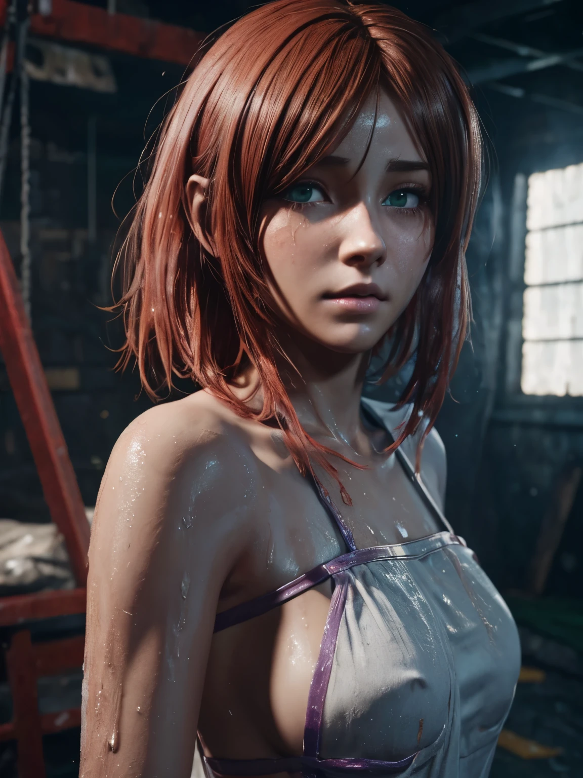 short, Red hair, green eyes, Rags, wet girl 15 years old. photorealism. Bright, Rich colors. unreal engine. 3D model. Ultra high quality textures. 8k resolution