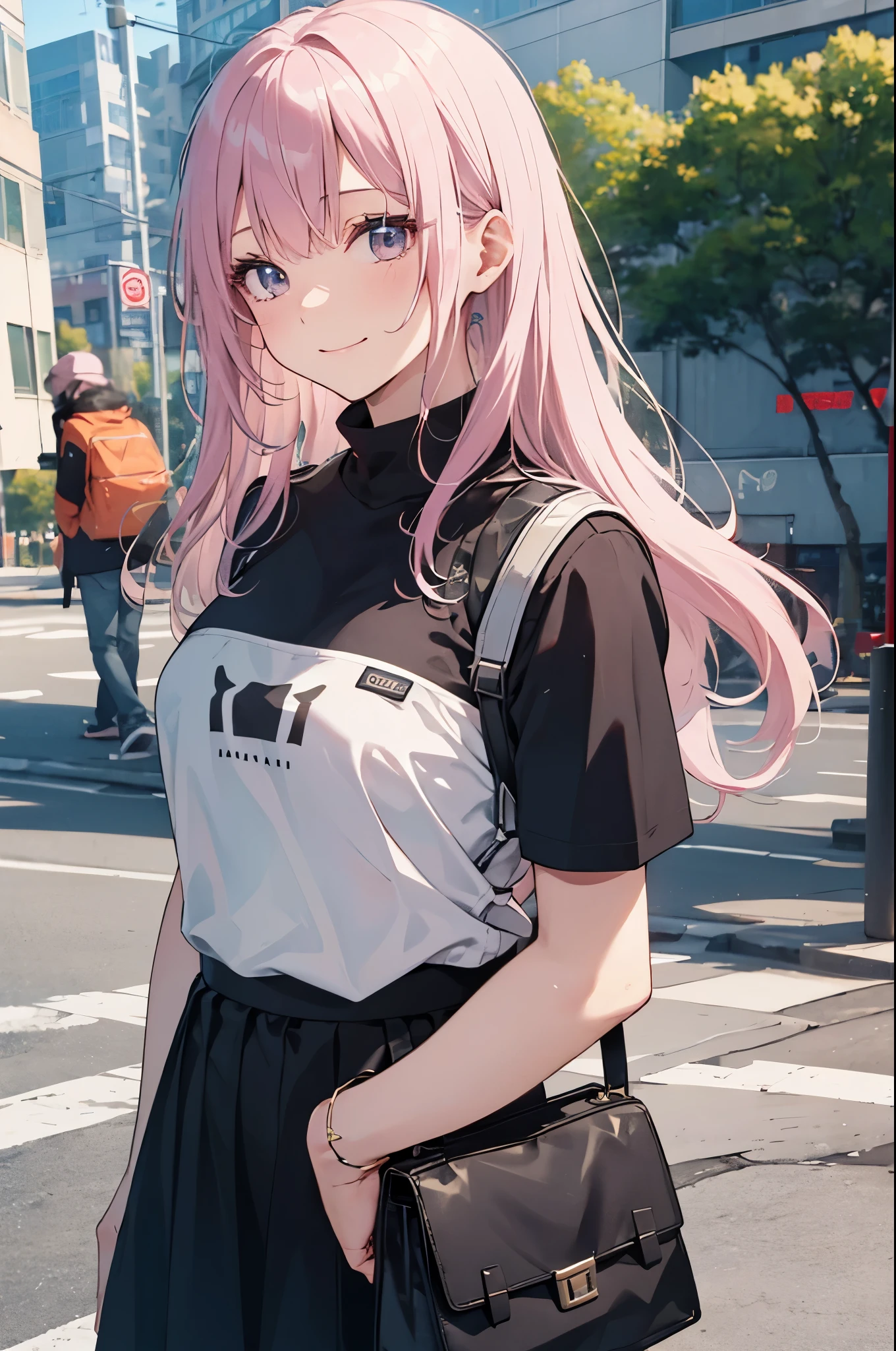 (Pretty sister:1.3)、long eyelashes、happy face,spring atmosphere、noon、aggressive、hot、((strong wind))、black skirt、shining eyes、yellow Y shirt、company、pink hair