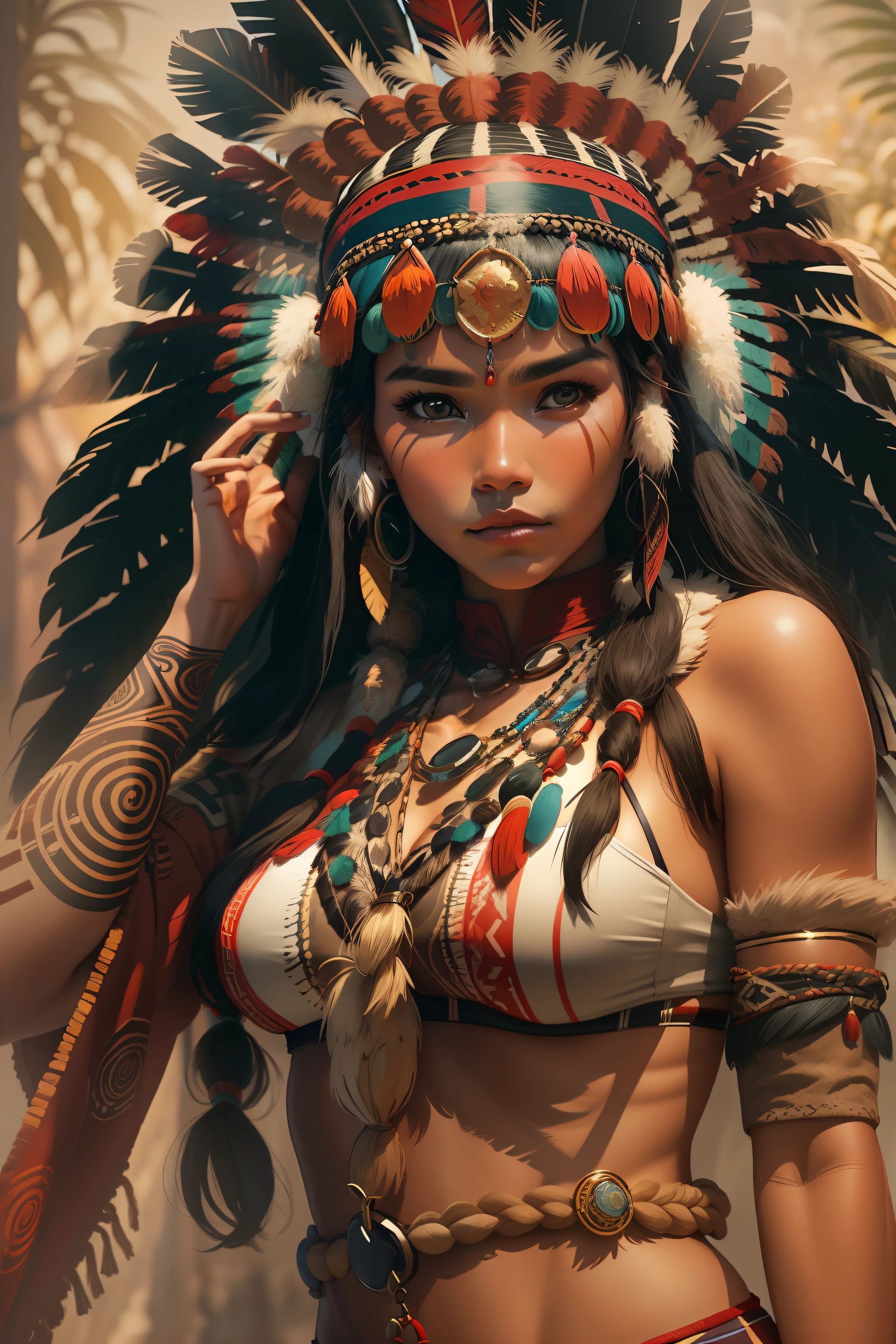 A beautiful scantily clad indigenous woman wearing a headdress, cabelos pretos longos cacheados, rosto bonito, imagem de corpo inteiro, imagem alto detalhe, simetria, Arte de Fantasia