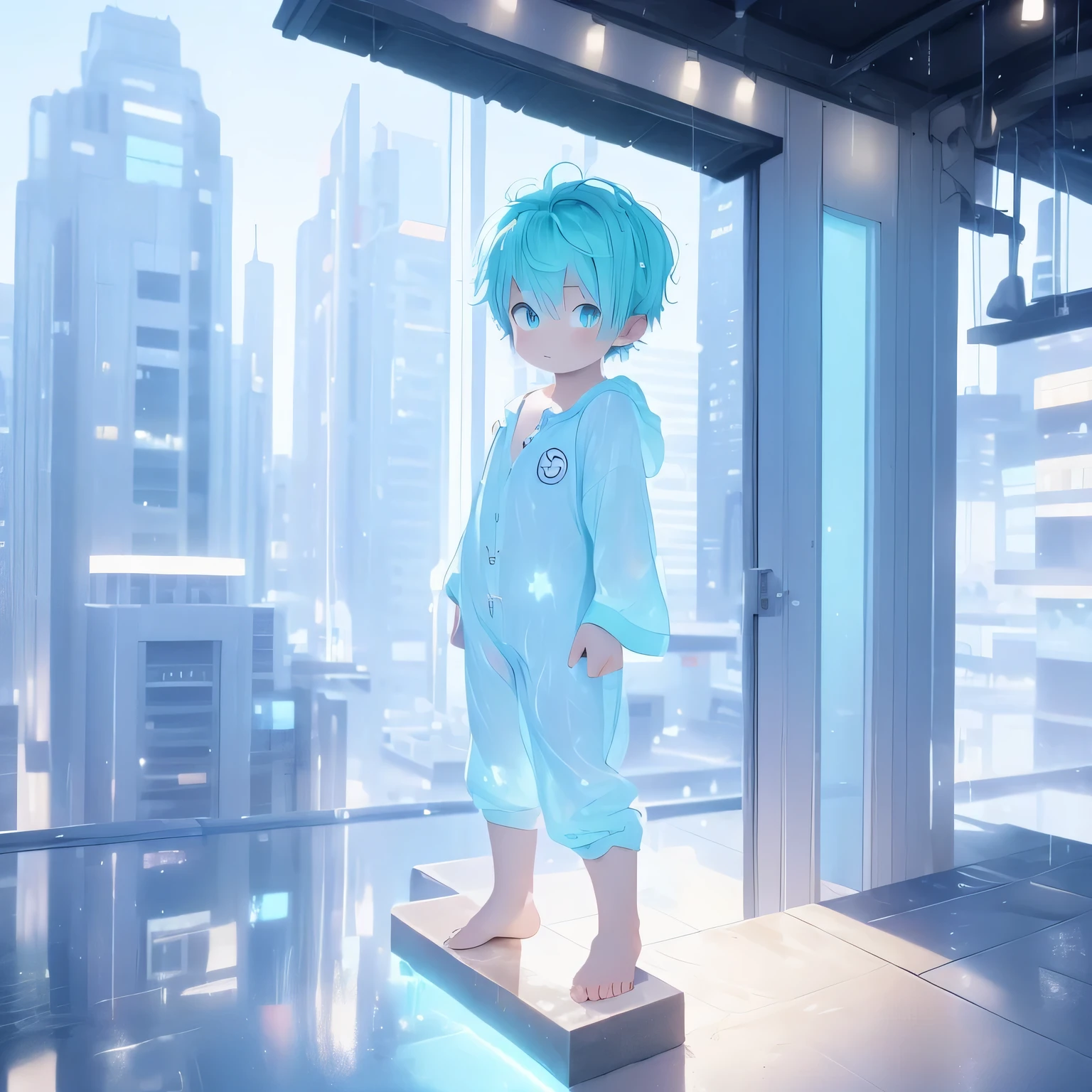 4K), with cyan hair and green eyes and barefoot and wet oily white Onesie pajama small tiny feet, He sits on a rooftop, und betet, Nebel Licht, Impressionismus, 2D, (Dornen: 1.1), (toter Baum: 1.1) Focused on feet, feet pose
