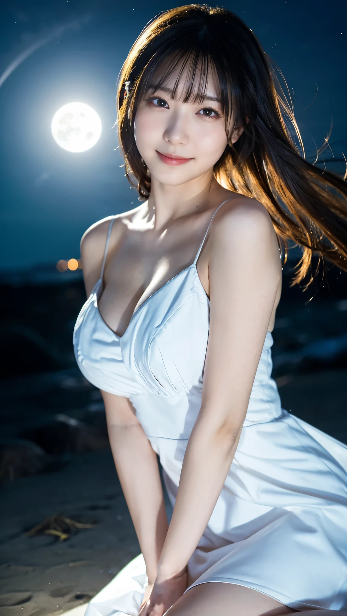 (highest quality,masterpiece:1.3,ultra high resolution),(Super detailed,caustics,8k),(photorealistic:1.4,RAW shooting),(night),(night空),(starry sky),(full moon),(beach),(looking down at the camera),1 girl,sitting,20-year-old,cute,Japanese,(smile),black long hair,strong wind,(hair blowing in the wind),(white dress),(big breasts),Natural light,moonlight,(bust up shot),(low position:1.1),(Low - Angle:1.1)