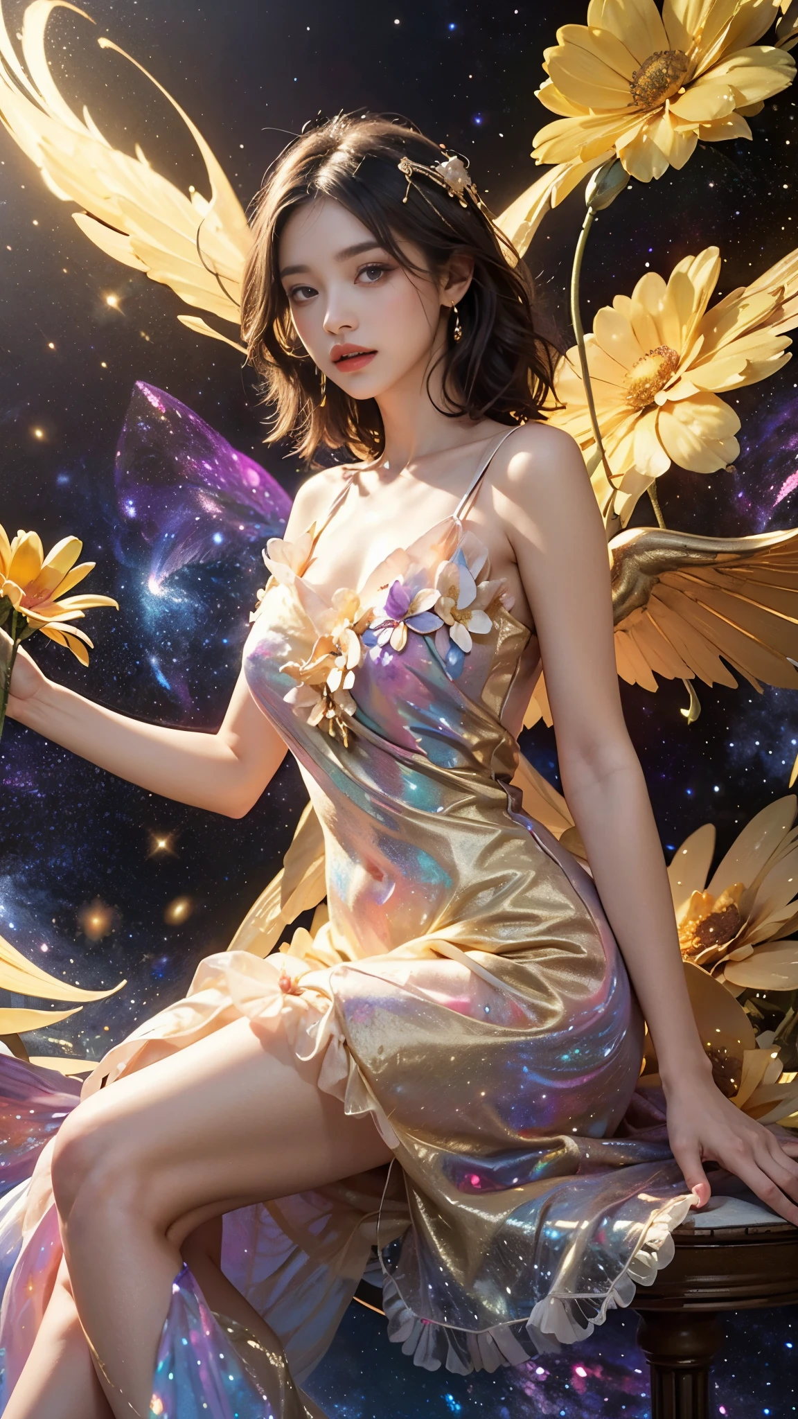 4k ultra hd, masterpiece, a girl, good face, detailed eyes, detailed lips, flower fairy girl, big wings, transparent wings, neon lights, (galaxy background:1.5), (flower dress:1.8), (golden dress:1.5), in the heaven, sitting,