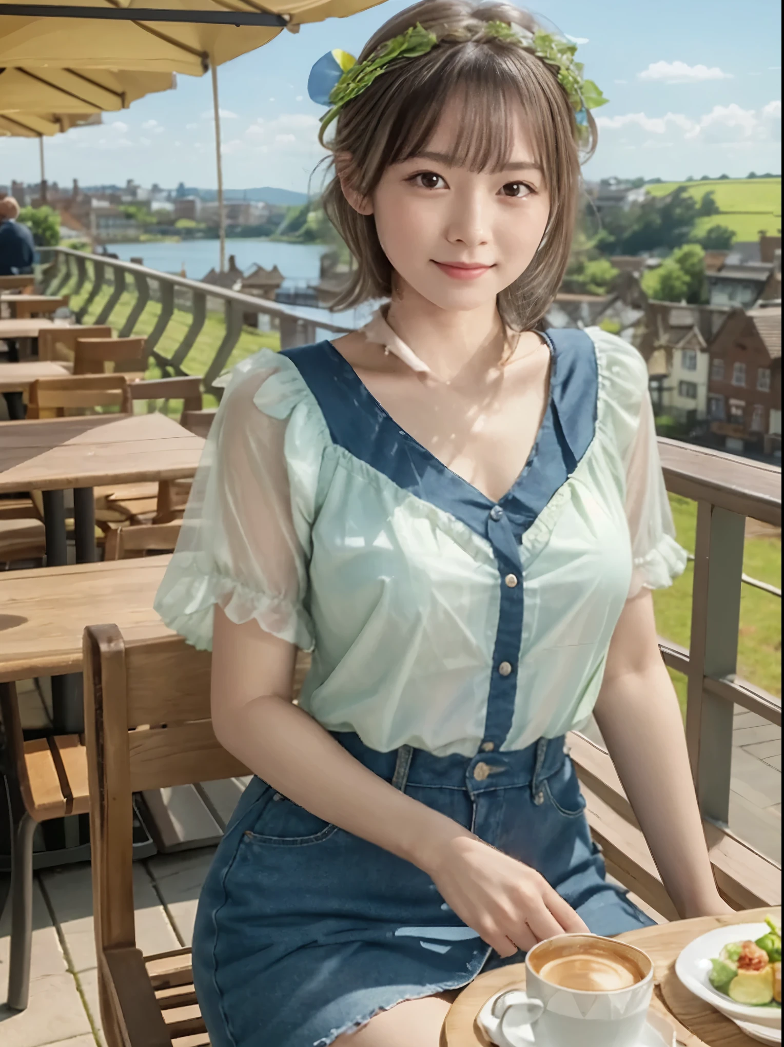 4k、High resolution、girl(20-year-old)is sitting at an outdoor table in a cafe、she is wearing a white cream sweater、The frills on the chest are so cute、A small brown cat brooch on the chest、Mini skirt 4cm above the knee、Navel exposed look、The background is the downhill townscape along the cafe.、The townscape continues from the foreground to the distance.、Along the slope is a rural town in England.、A large Union Jack is waving along the road.、At the end of the slope is a lake.、There is a vast hill on the opposite bank、bright sunny blue sky、the sun seems warm